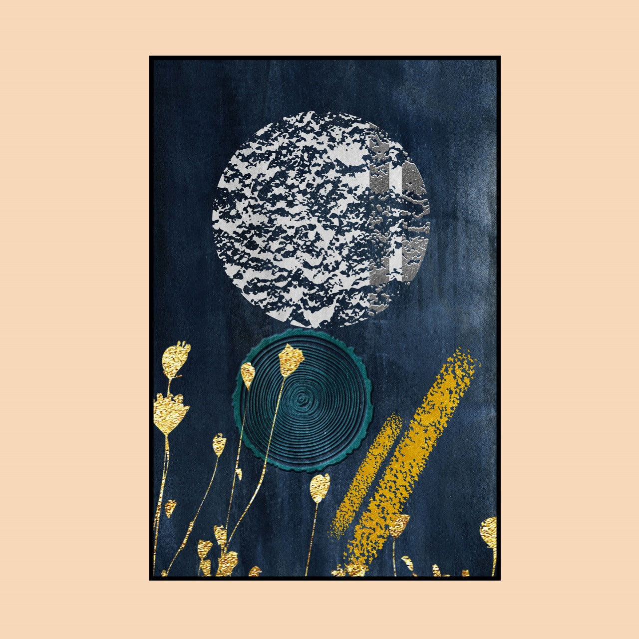 Lunar Echo – Modern Abstract Blue & Gold Wall Art by Krutik.