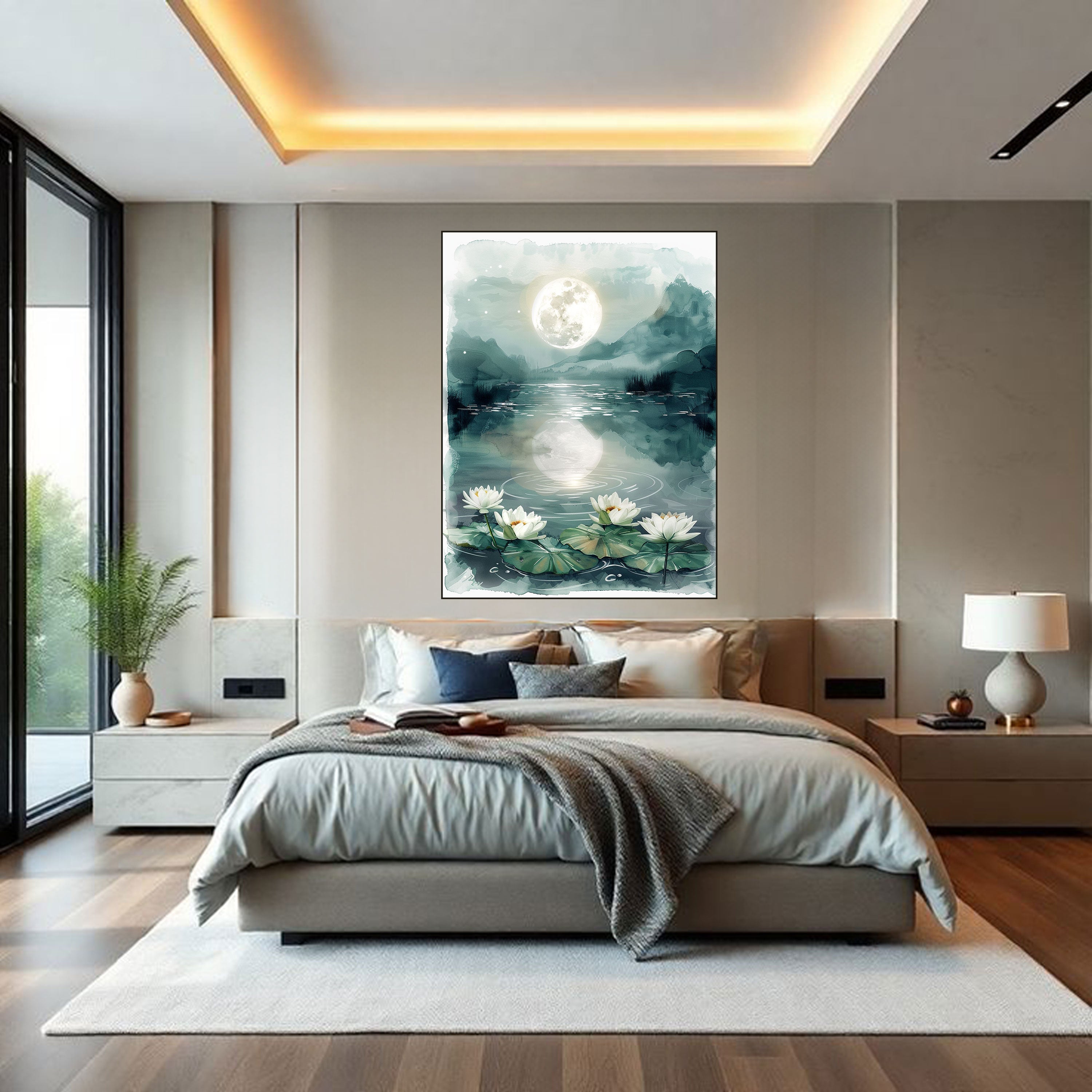 Moonlit Lake Canvas Painting – Serene Nature Wall Painting with Lotus Flowers