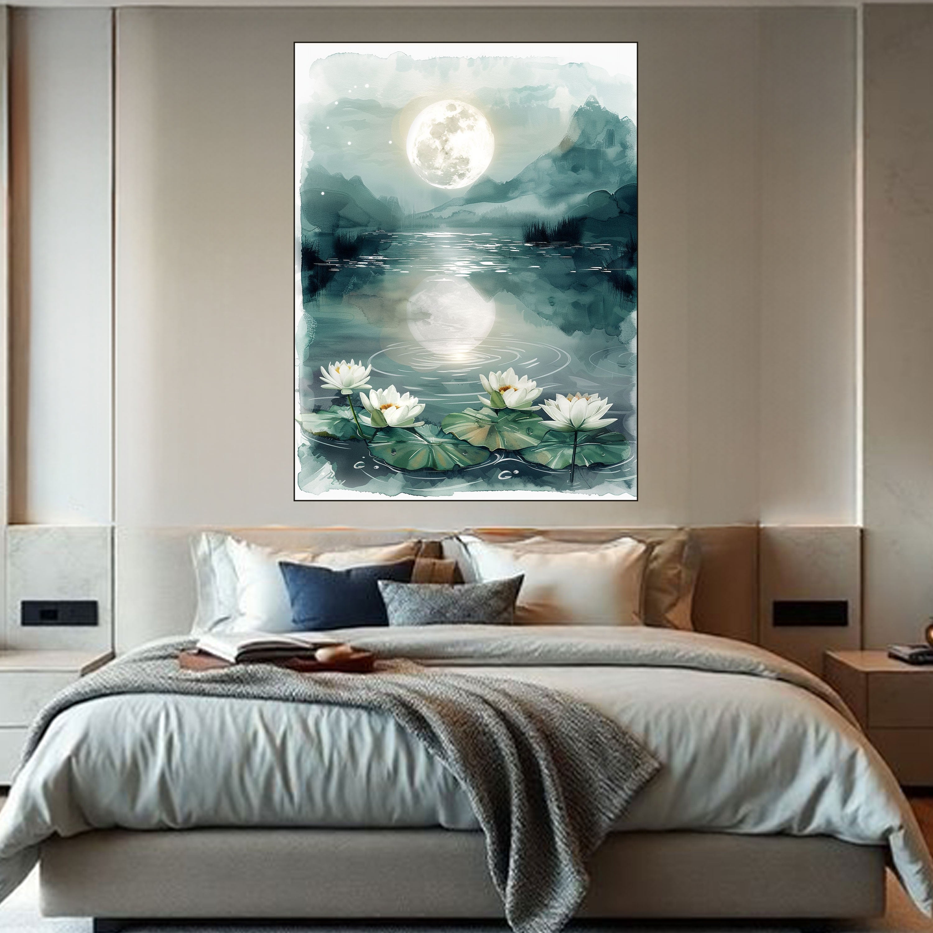 Moonlit Lake Canvas Painting – Serene Nature Wall Painting with Lotus Flowers