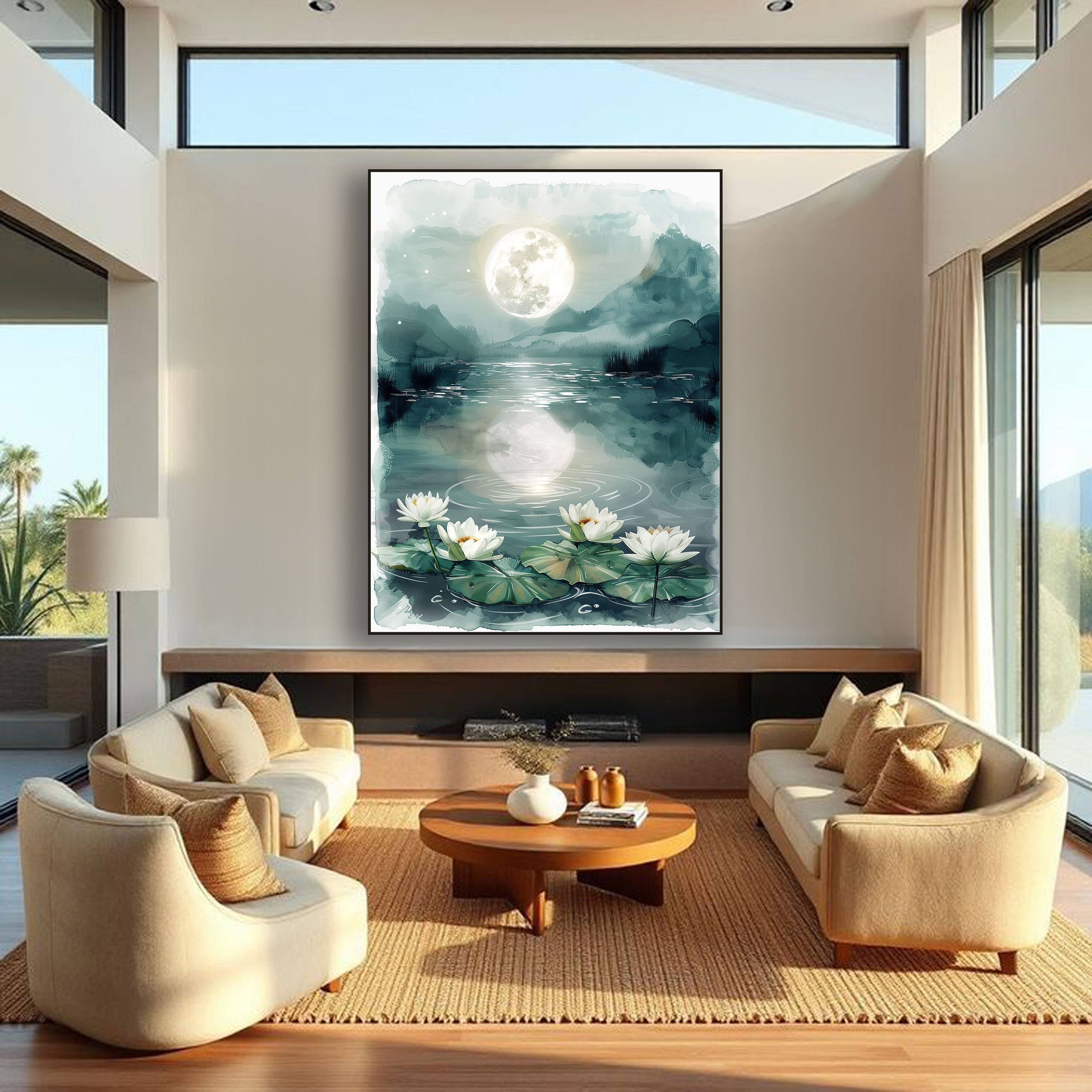 Moonlit Lake Canvas Painting – Serene Nature Wall Painting with Lotus Flowers