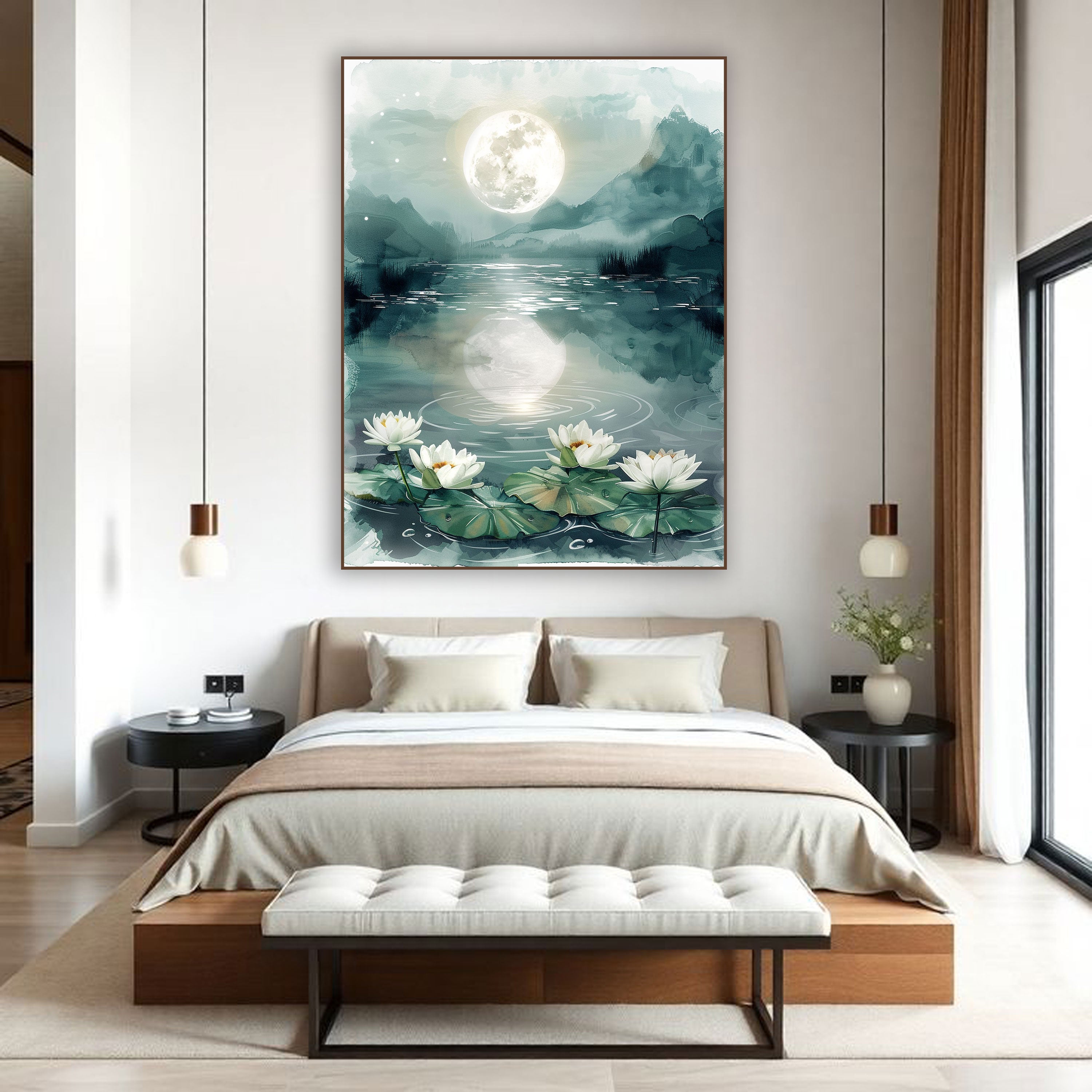 Moonlit Lake Canvas Painting – Serene Nature Wall Painting with Lotus Flowers