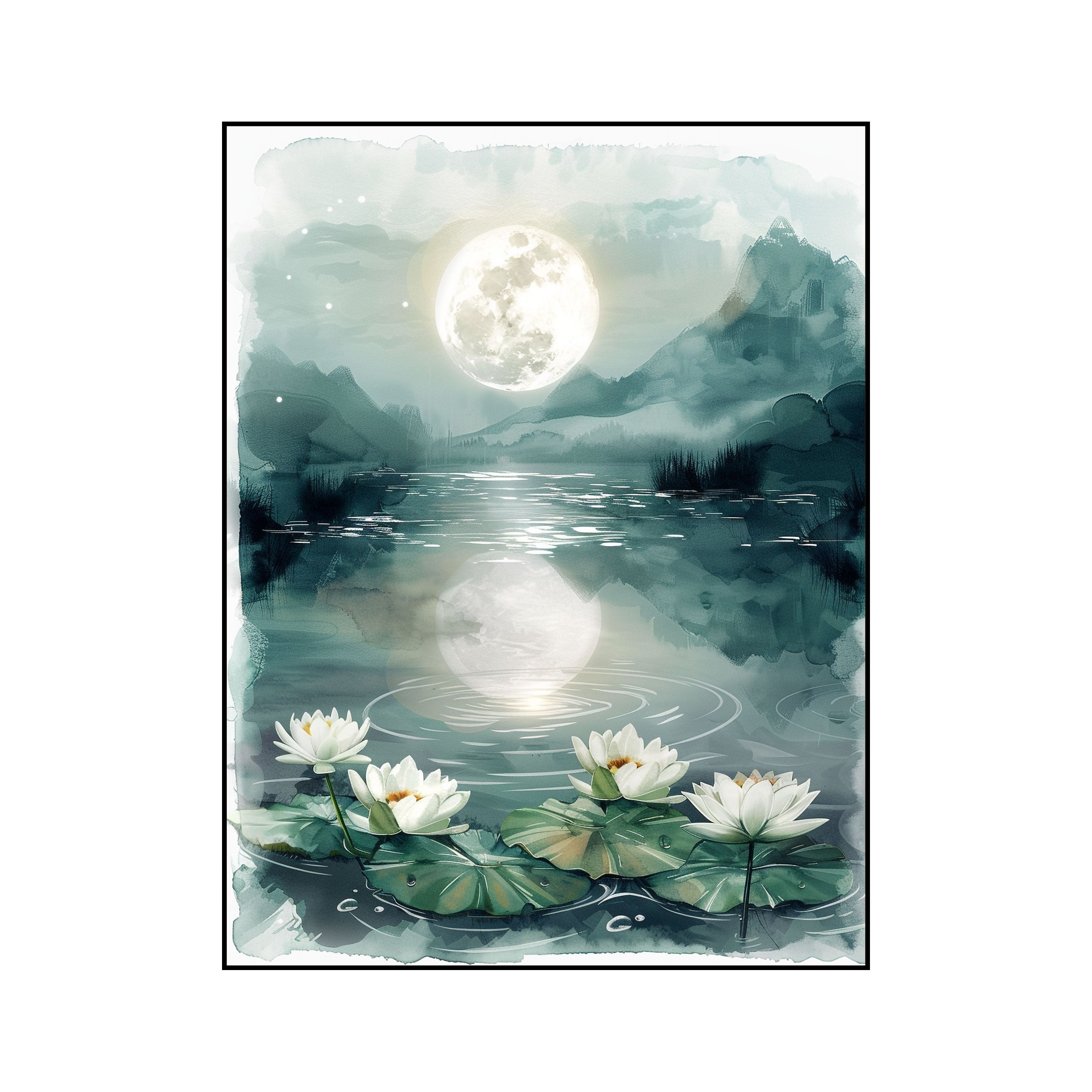 Moonlit Lake Canvas Painting – Serene Nature Wall Painting with Lotus Flowers