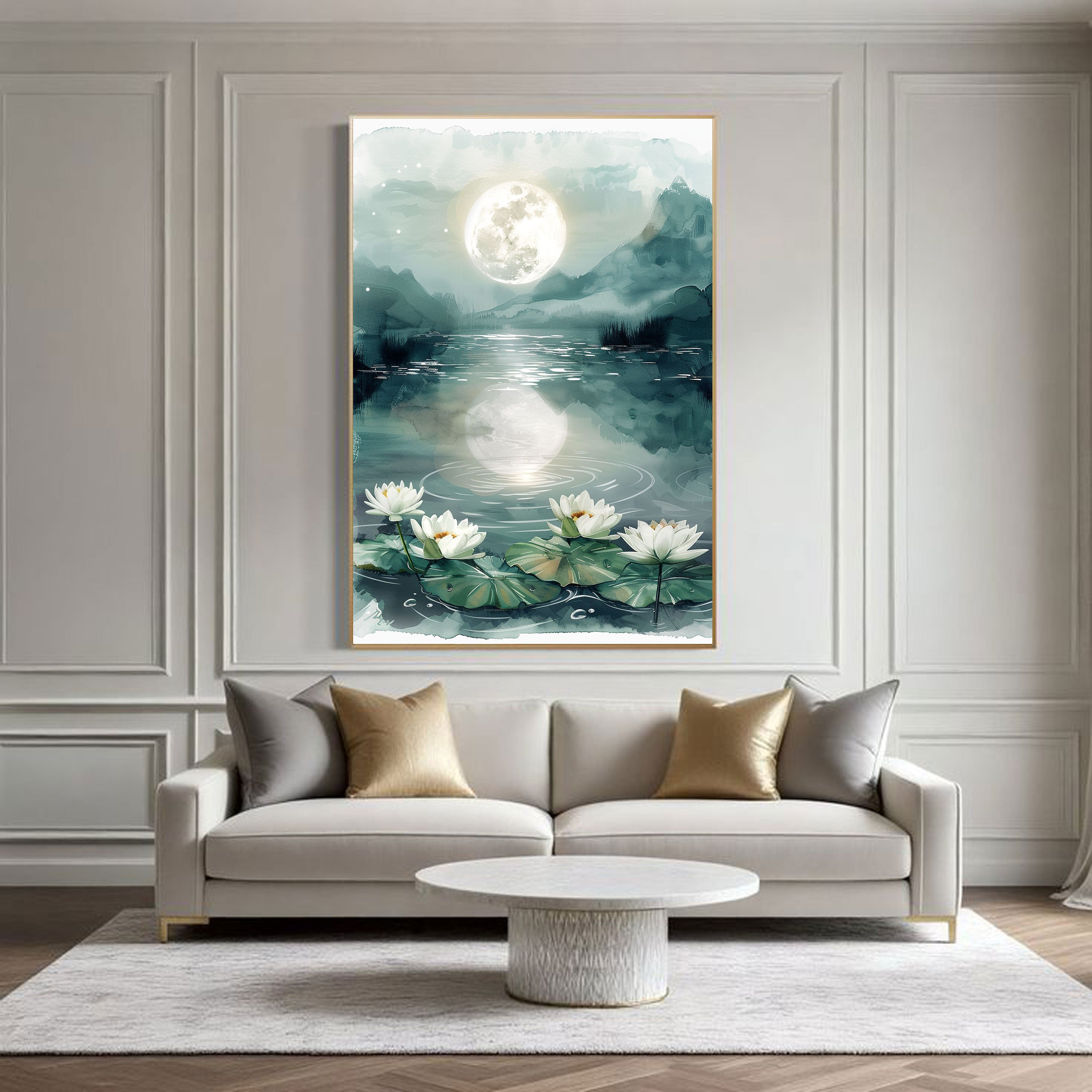 Moonlit Lake Canvas Painting – Serene Nature Wall Painting with Lotus Flowers