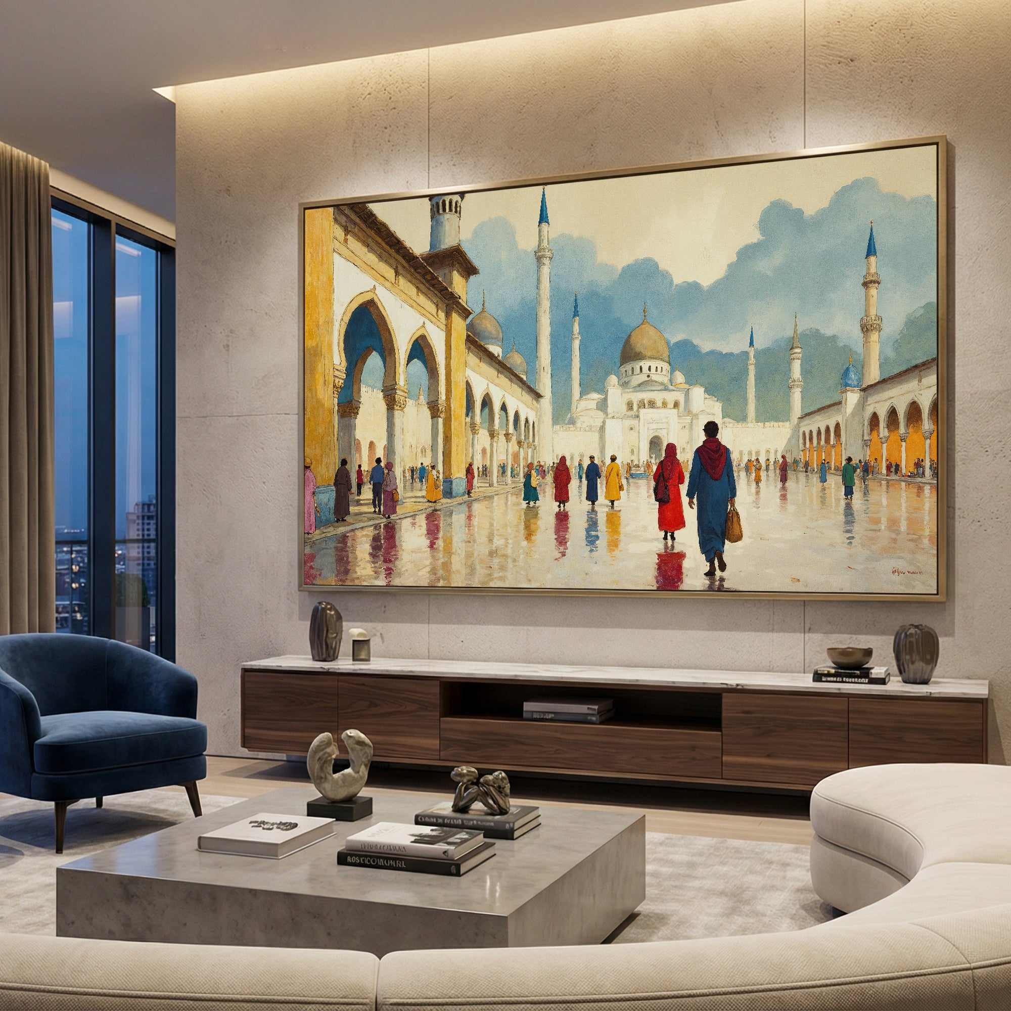 Mosque Courtyard Wall Art | Islamic Architecture Canvas Painting | Grand Mosque Wall Decor