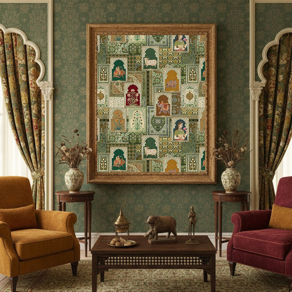Mughal Miniature Collage Wall Art by Krutik – Regal Indian Heritage Painting