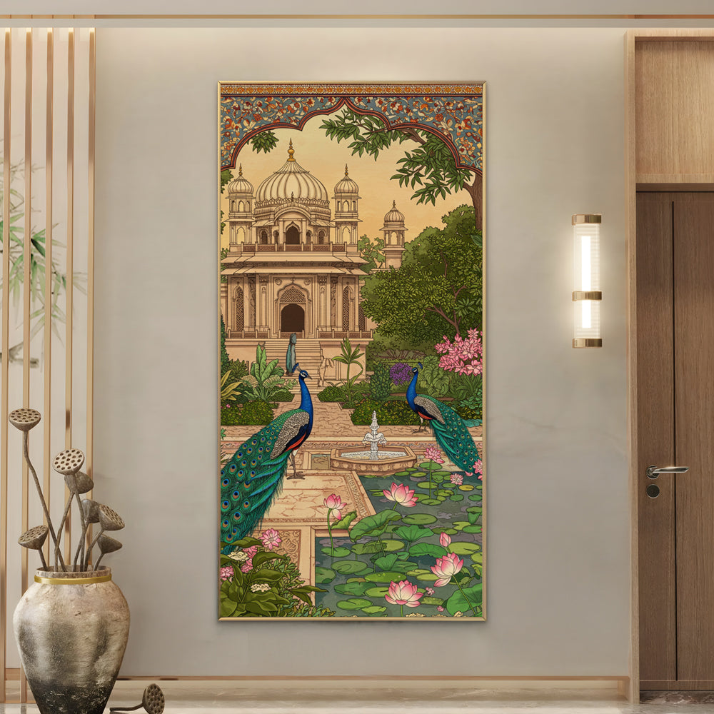 Mughal Garden Palace with Peacocks Painting by Krutik – Royal Wall Art