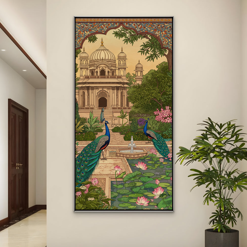 Mughal Garden Palace with Peacocks Painting by Krutik – Royal Wall Art