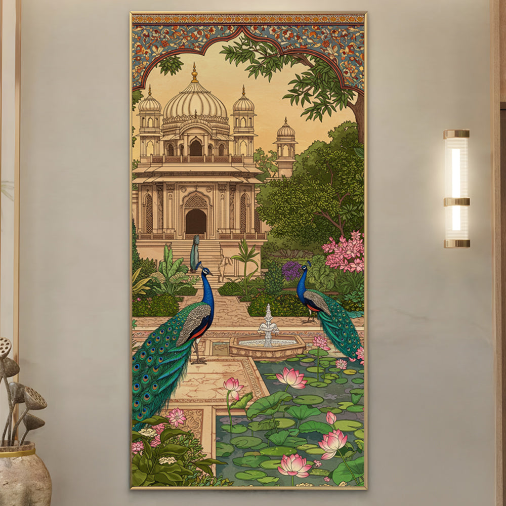 Mughal Garden Palace with Peacocks Painting by Krutik – Royal Wall Art