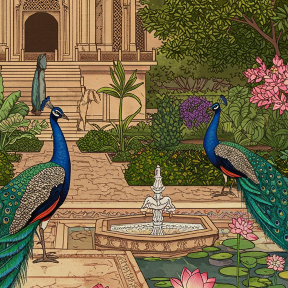 Mughal Garden Palace with Peacocks Painting by Krutik – Royal Wall Art