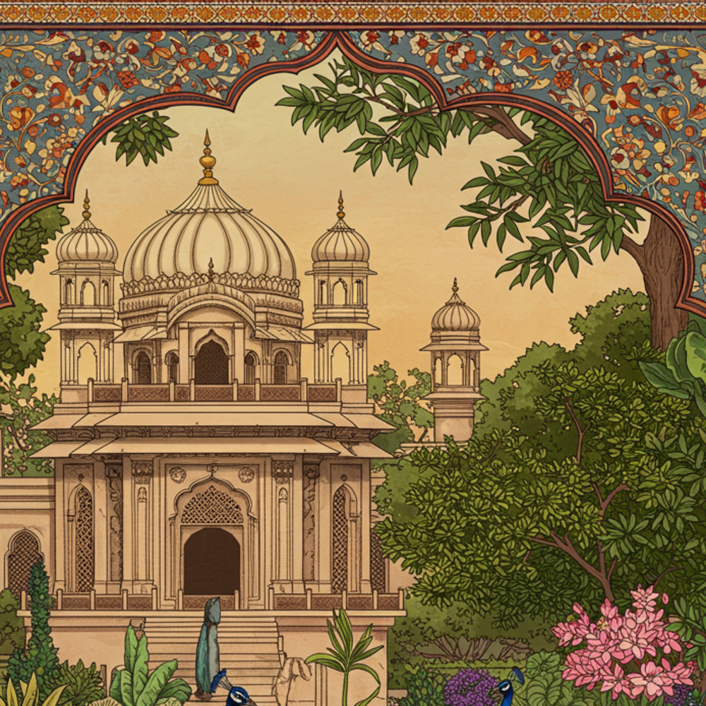 Mughal Garden Palace with Peacocks Painting by Krutik – Royal Wall Art