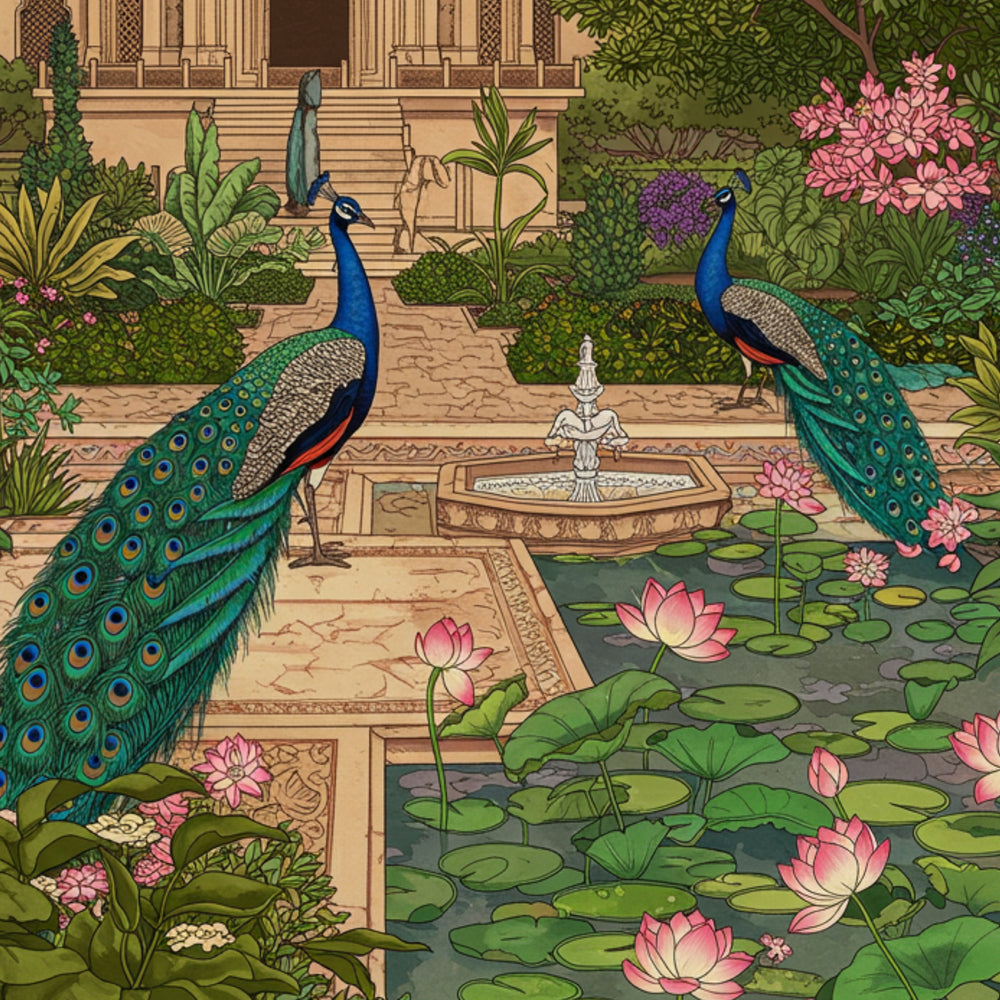 Mughal Garden Palace with Peacocks Painting by Krutik – Royal Wall Art