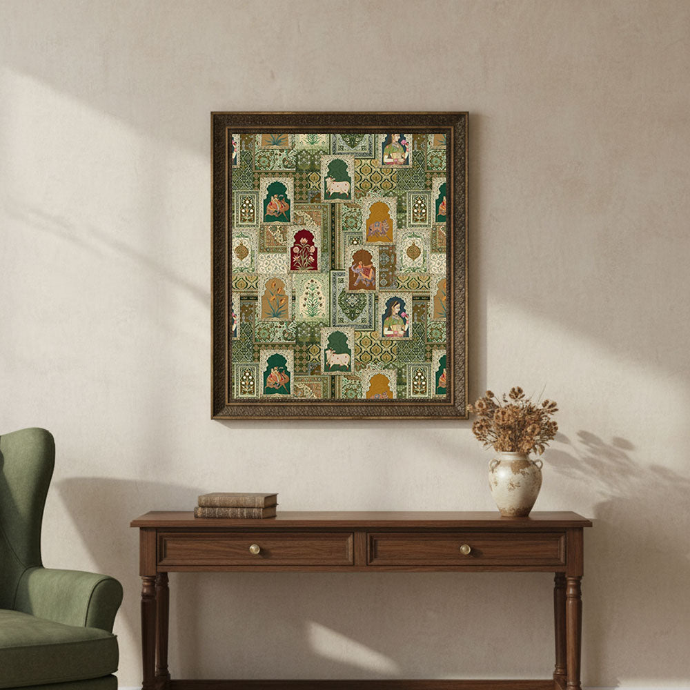 Mughal Miniature Collage Wall Art by Krutik – Regal Indian Heritage Painting
