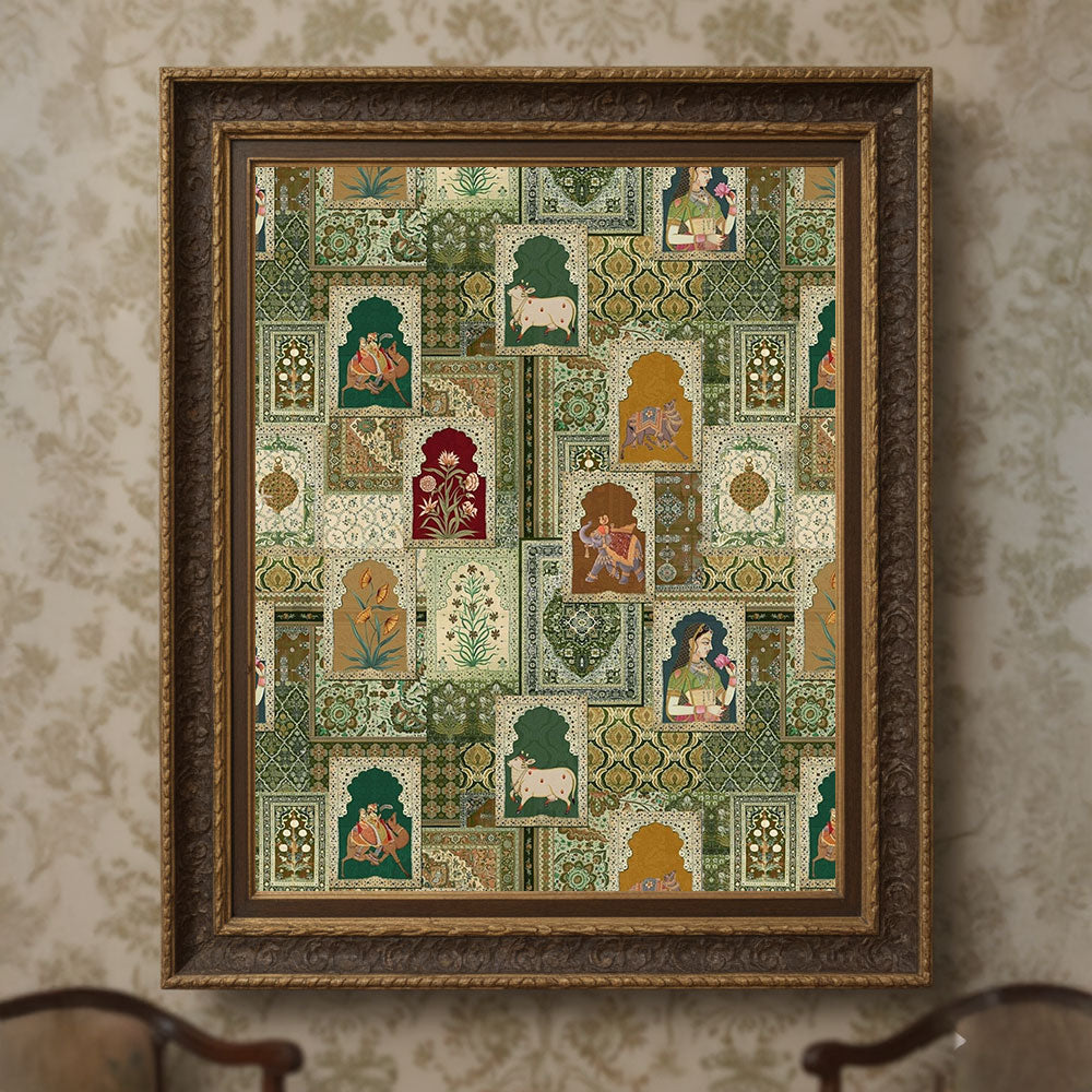 Mughal Miniature Collage Wall Art by Krutik – Regal Indian Heritage Painting