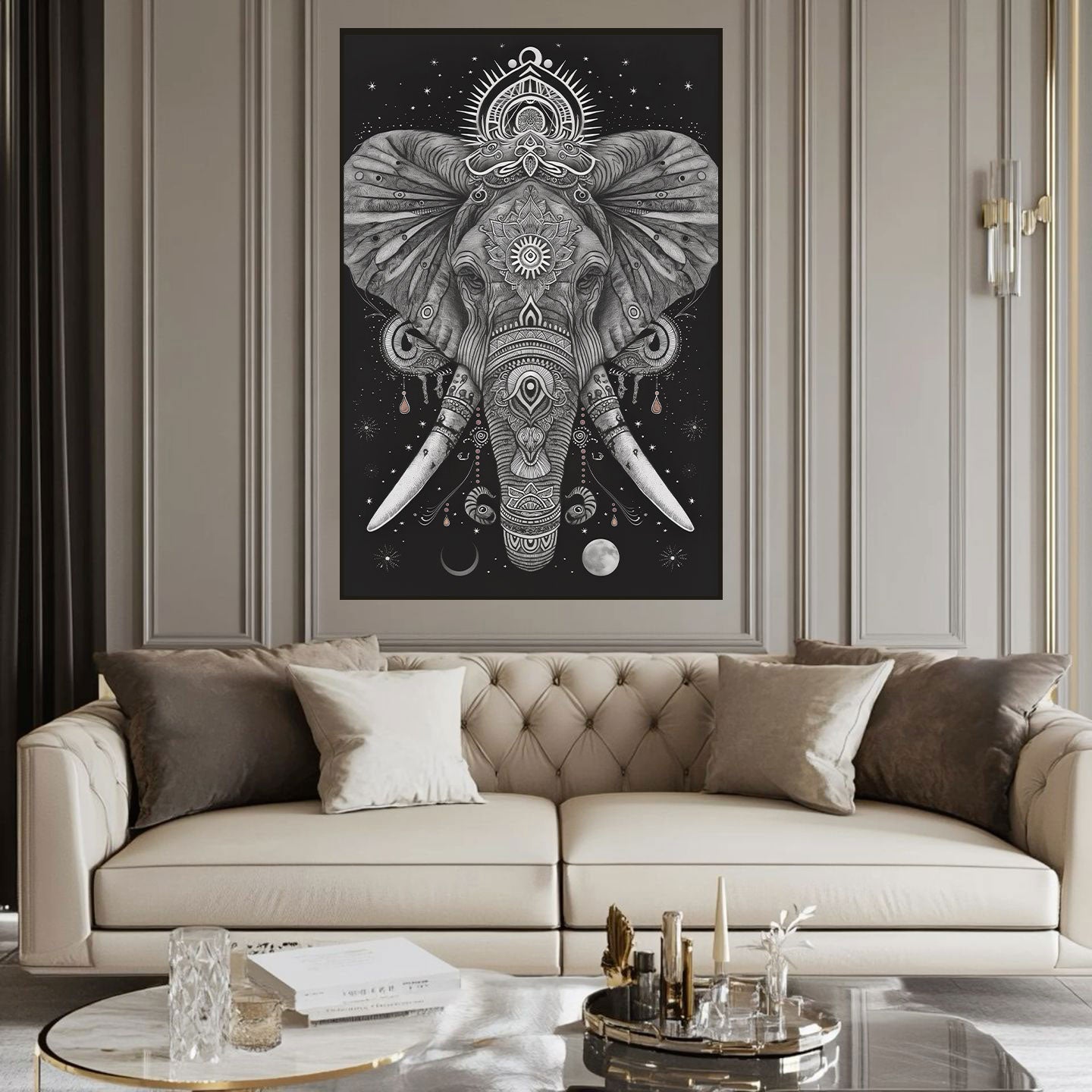 Mystic Elephant Canvas Painting – Sacred Spiritual Wall Painting for Home.