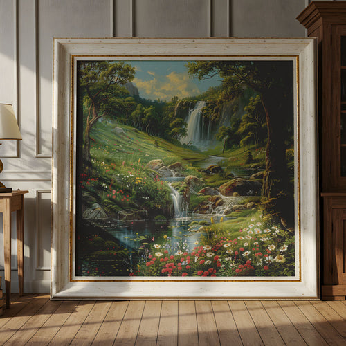 Secret Cascade and Blossoming Wildflowers Painting by Krutik – Tranquil Glade Nature Art