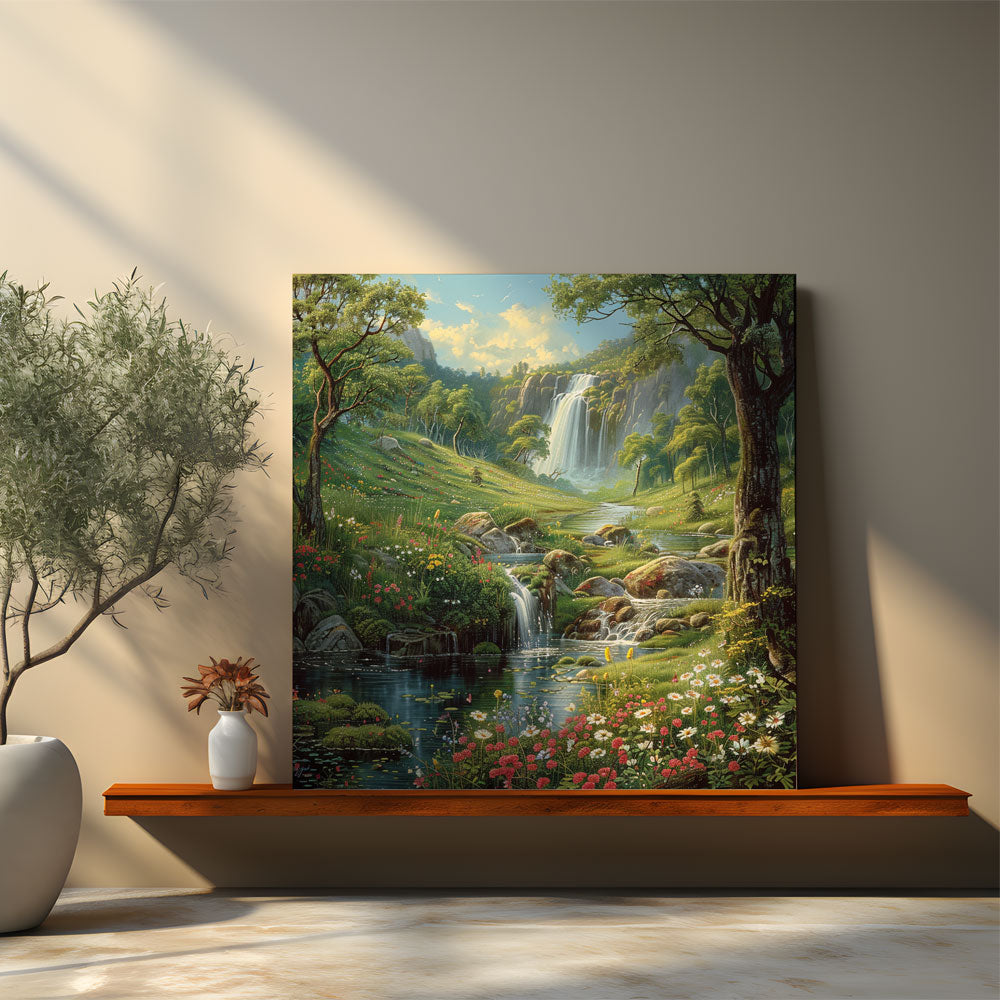 Secret Cascade and Blossoming Wildflowers Painting by Krutik – Tranquil Glade Nature Art