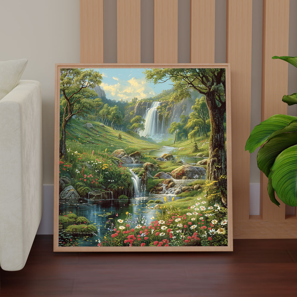Secret Cascade and Blossoming Wildflowers Painting by Krutik – Tranquil Glade Nature Art