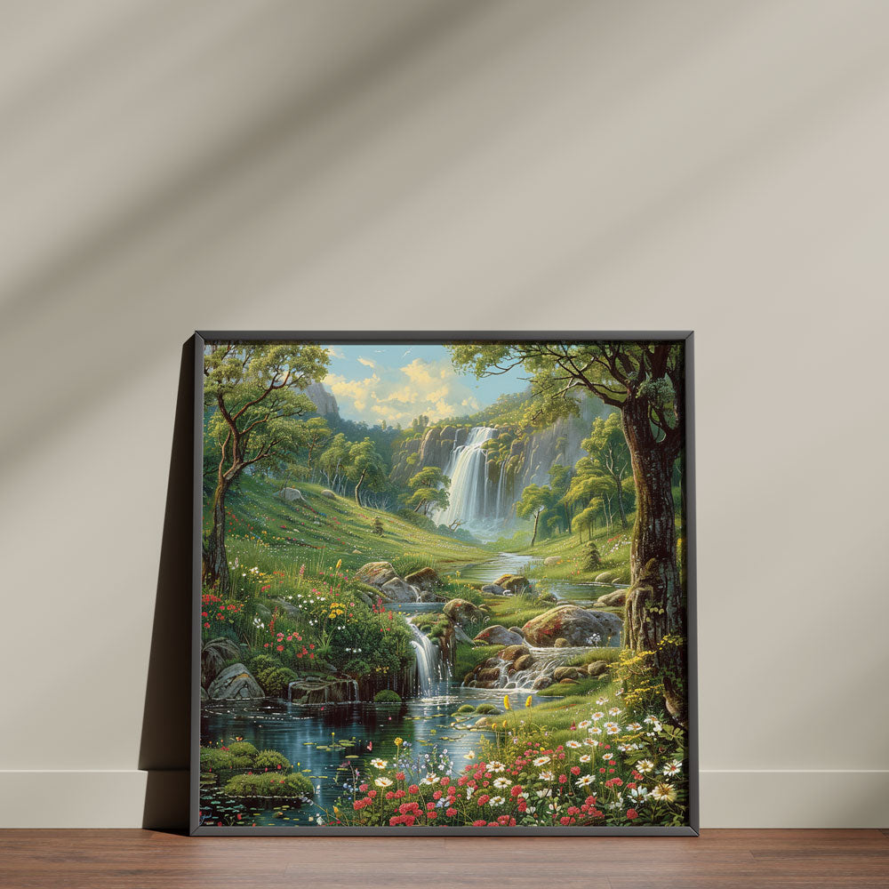 Secret Cascade and Blossoming Wildflowers Painting by Krutik – Tranquil Glade Nature Art