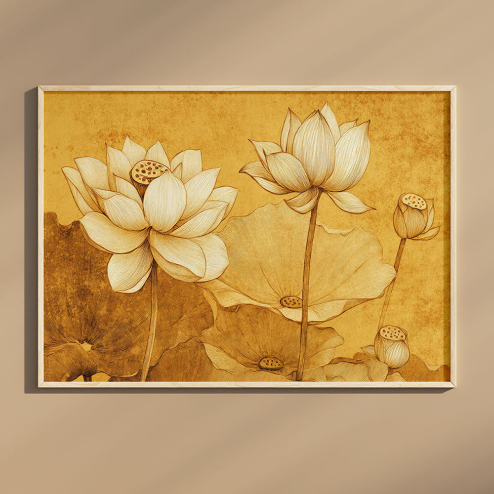 Blooming White Lotus Flowers Painting by Krutik – Elegant Botanical Wall Art