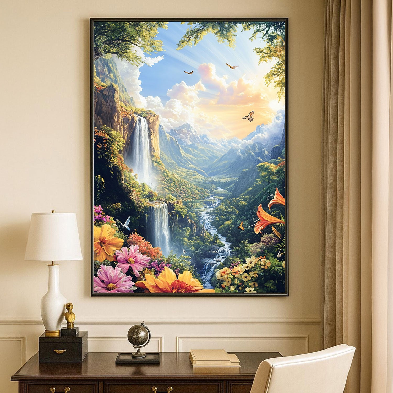 Serene Waterfalls and Vibrant Flowers Landscape Painting by Krutik – Majestic Nature Wall Art