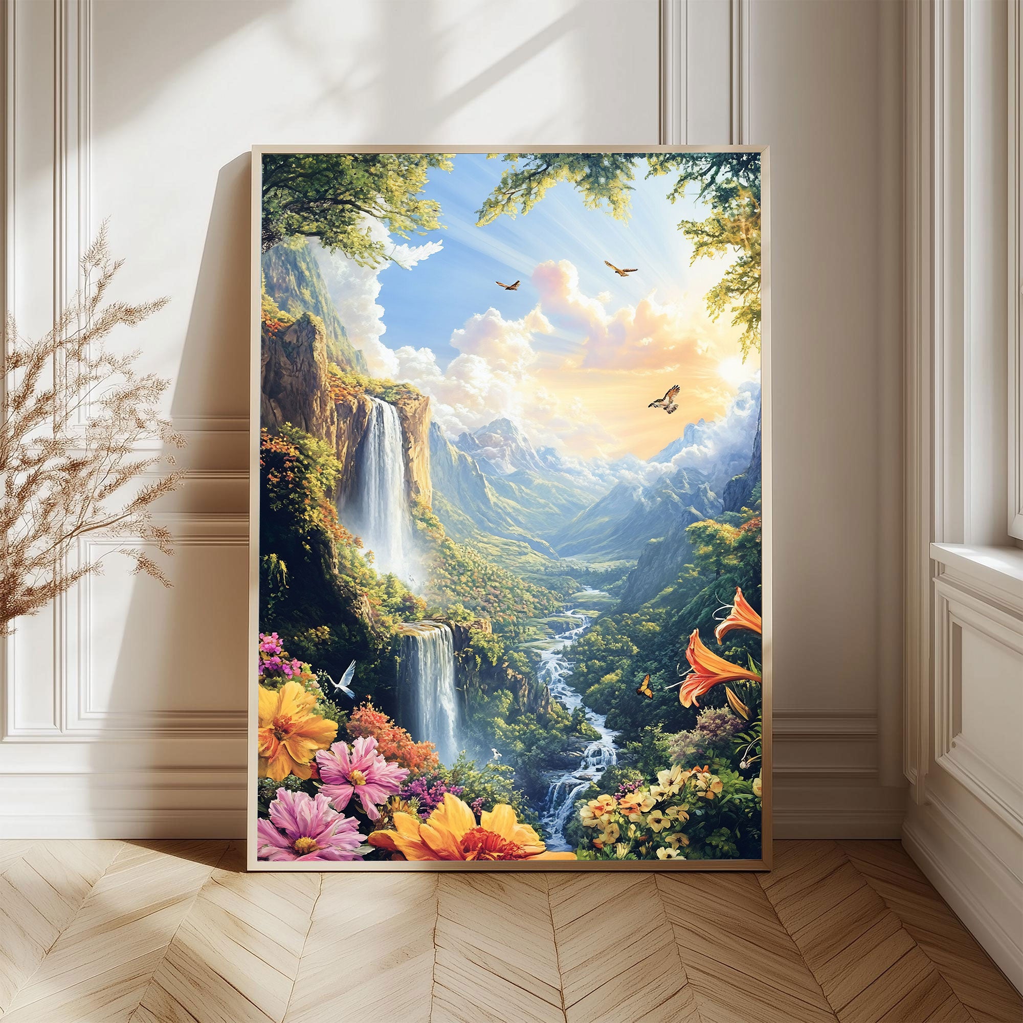 Serene Waterfalls and Vibrant Flowers Landscape Painting by Krutik – Majestic Nature Wall Art