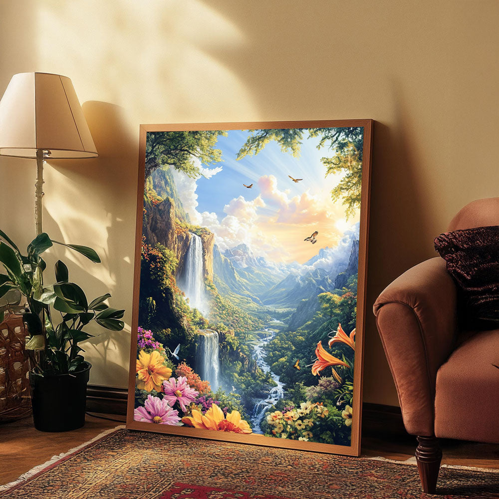 Serene Waterfalls and Vibrant Flowers Landscape Painting by Krutik – Majestic Nature Wall Art
