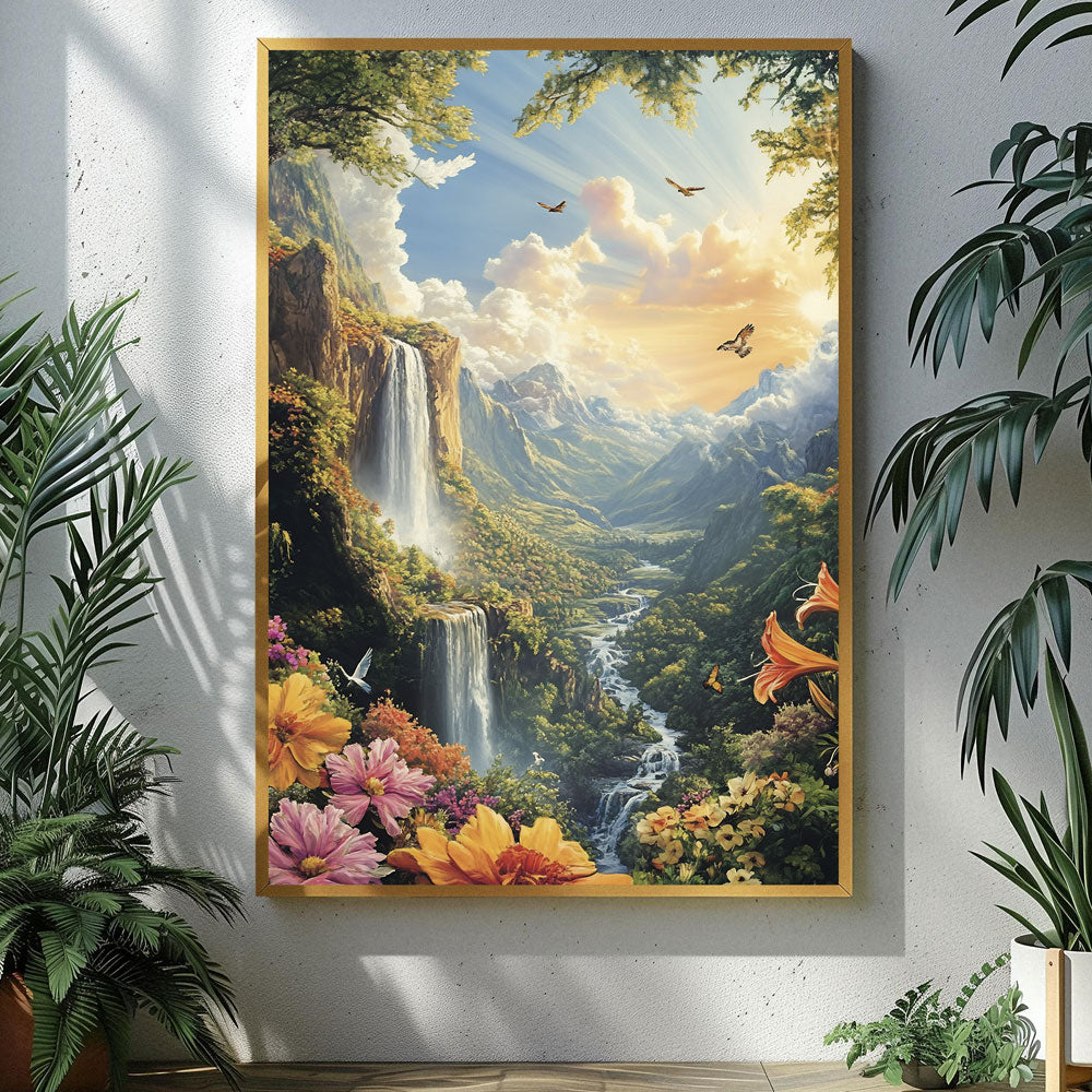 Serene Waterfalls and Vibrant Flowers Landscape Painting by Krutik – Majestic Nature Wall Art