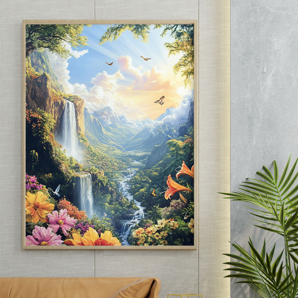 Serene Waterfalls and Vibrant Flowers Landscape Painting by Krutik – Majestic Nature Wall Art