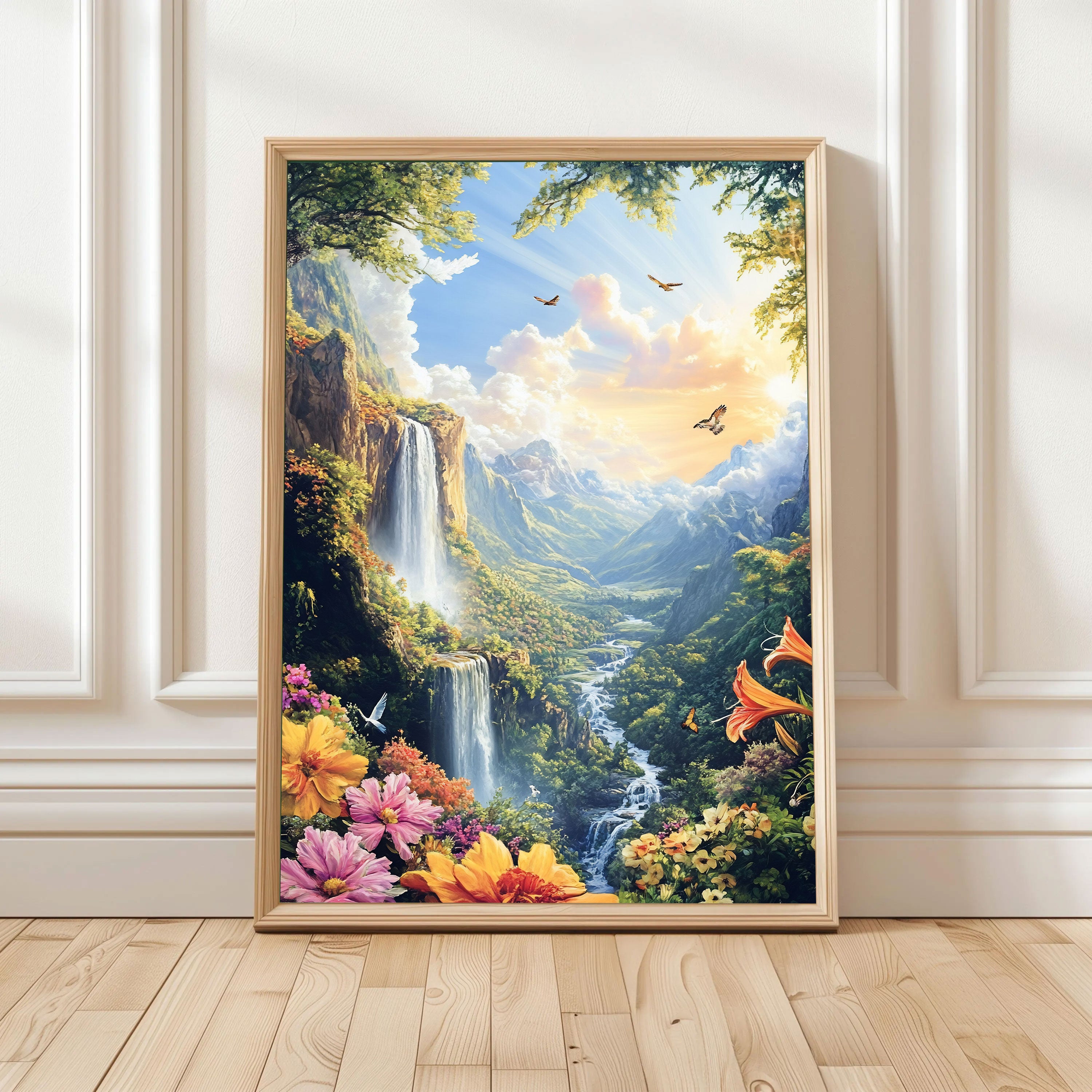 Serene Waterfalls and Vibrant Flowers Landscape Painting by Krutik – Majestic Nature Wall Art