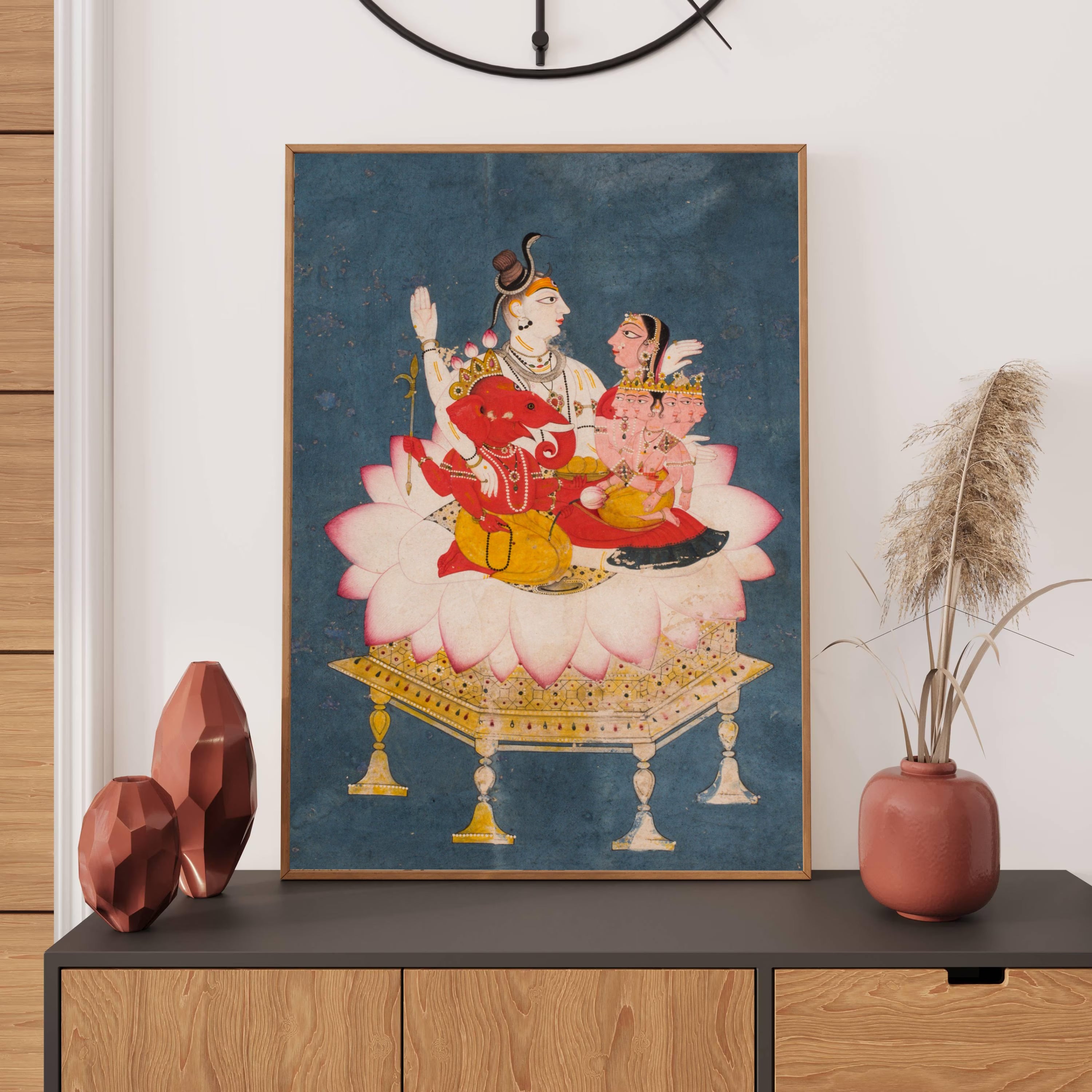 Shiva Parvati Ganesha Painting by Krutik – Divine Family on Lotus