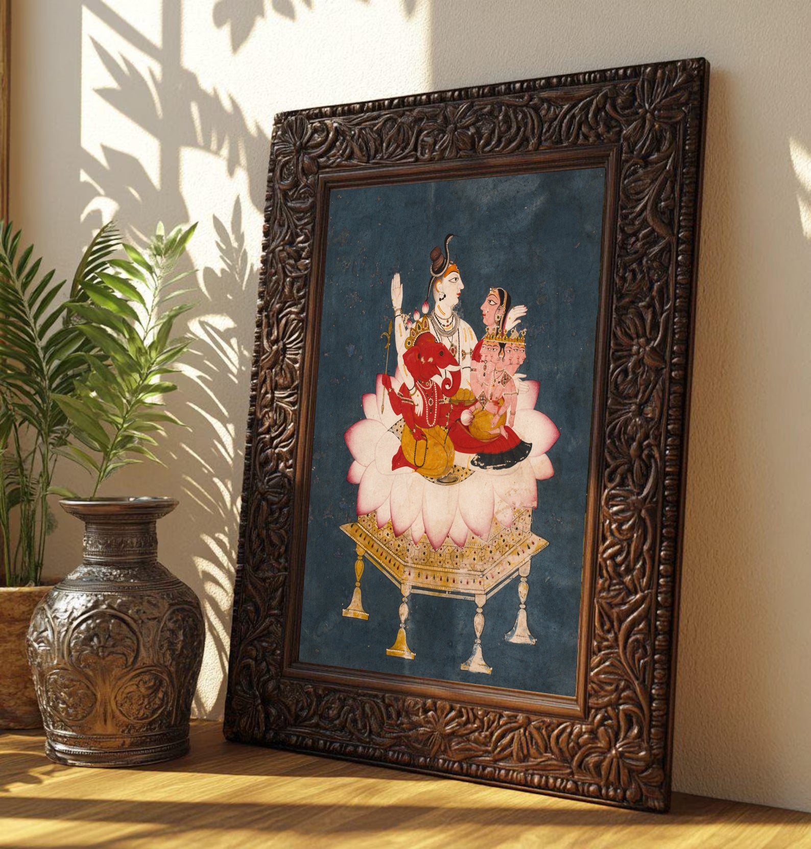 Shiva Parvati Ganesha Painting by Krutik – Divine Family on Lotus