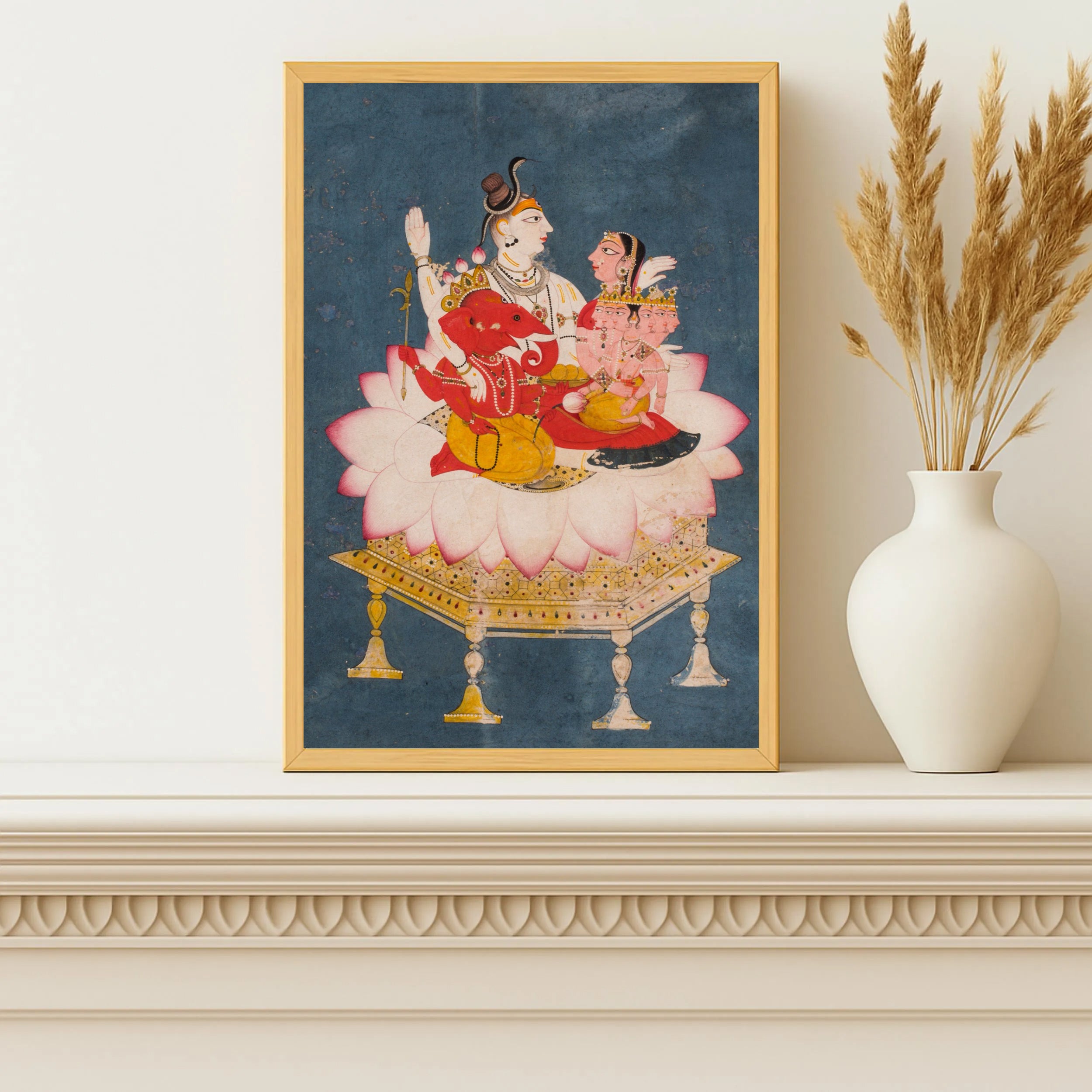Shiva Parvati Ganesha Painting by Krutik – Divine Family on Lotus