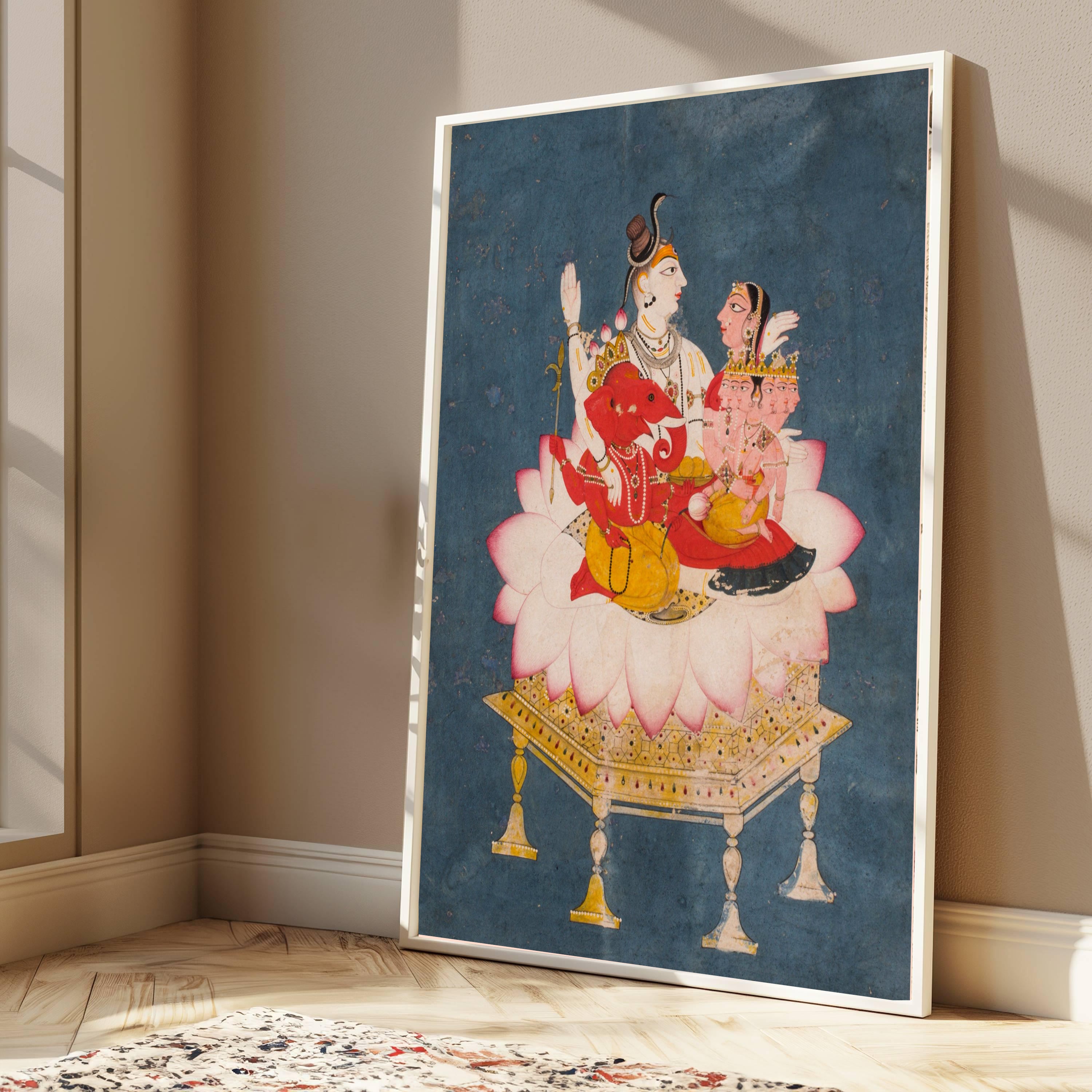 Shiva Parvati Ganesha Painting by Krutik – Divine Family on Lotus