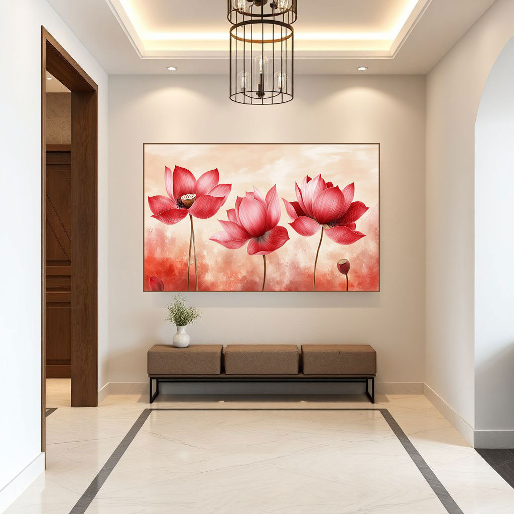 Pink Lotus Bloom Canvas Painting – Spiritual Floral Wall Art for Home