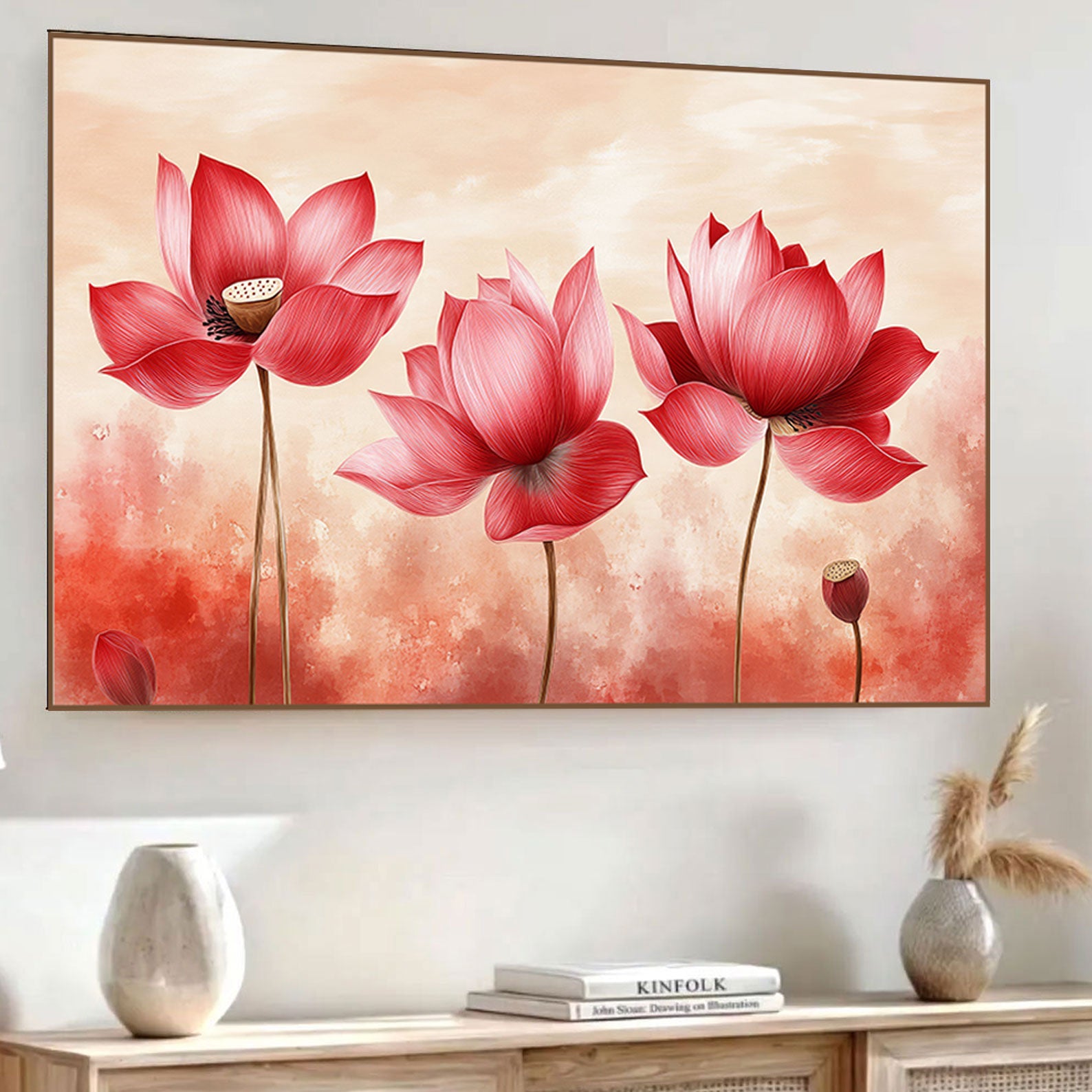 Pink Lotus Bloom Canvas Painting – Spiritual Floral Wall Art for Home.