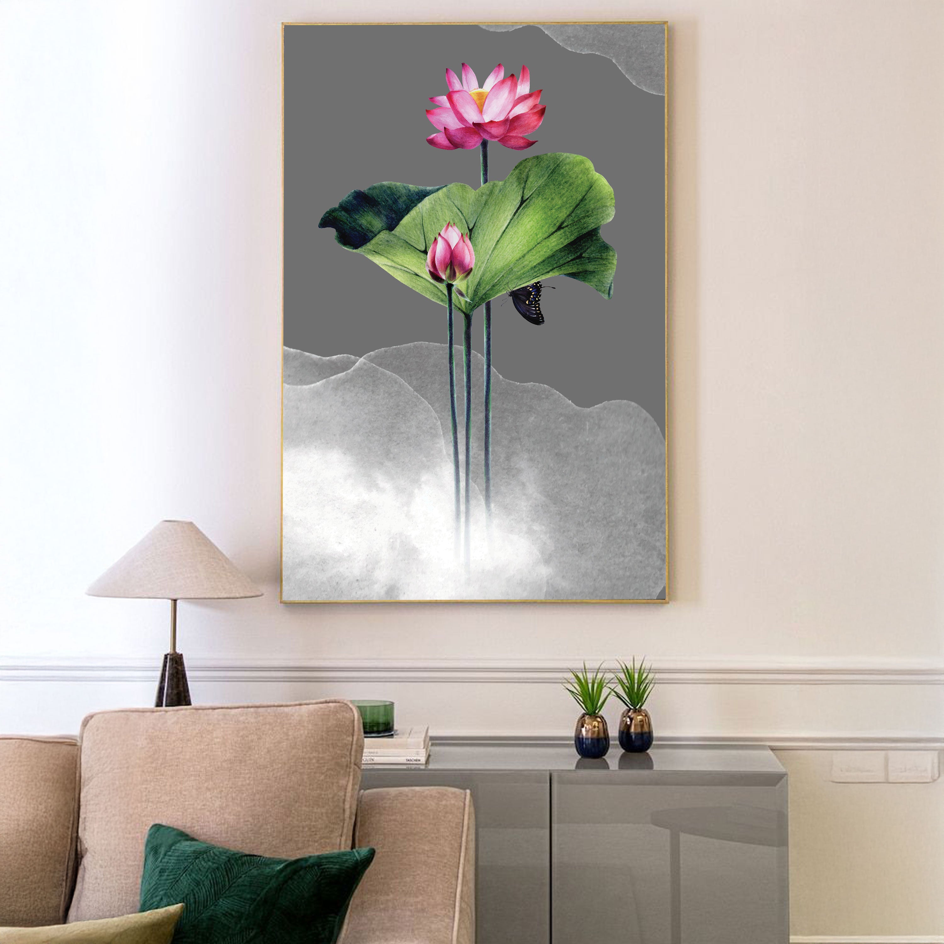 Pink Lotus Canvas Painting – Tranquil Spiritual Wall Painting for Home