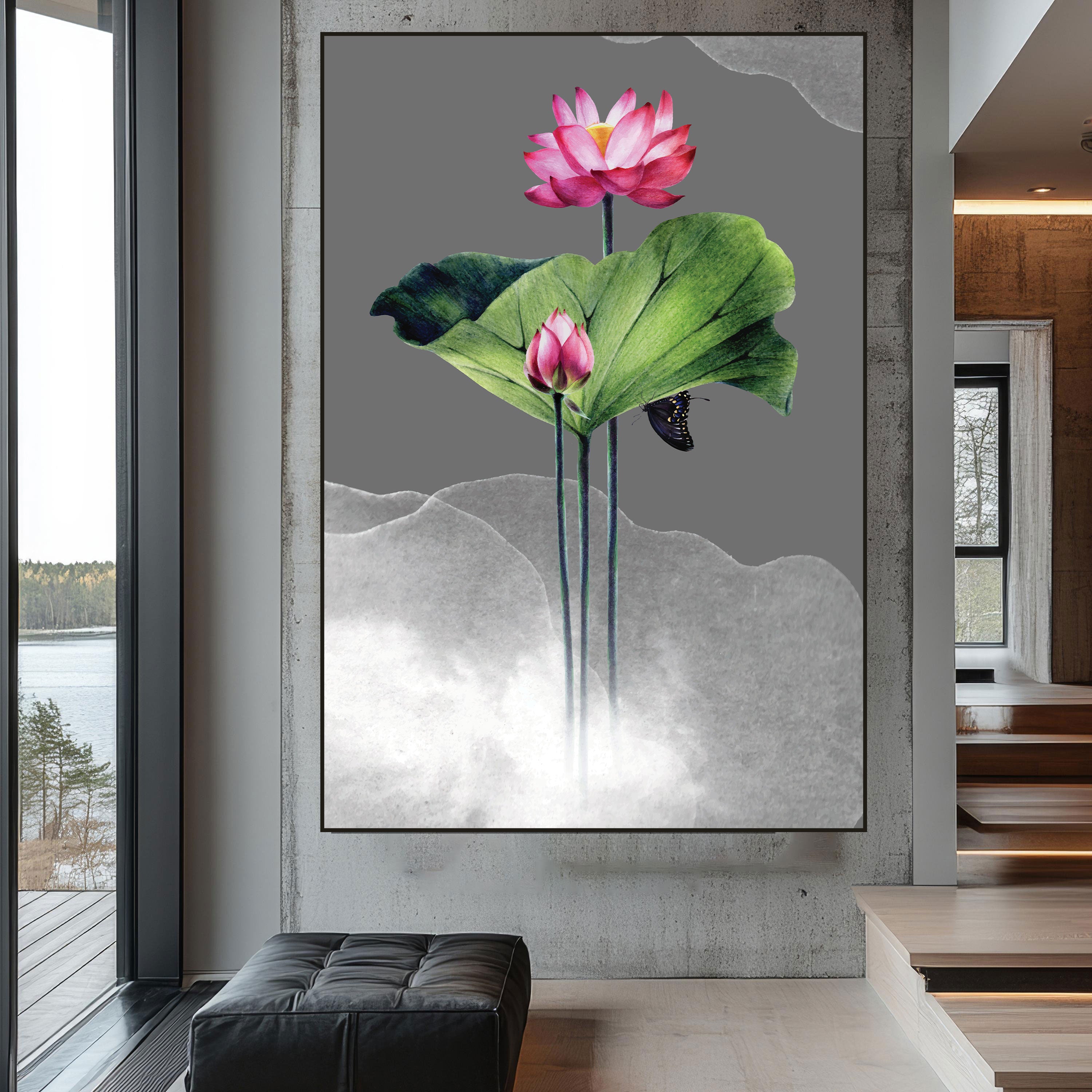 Pink Lotus Canvas Painting – Tranquil Spiritual Wall Painting for Home