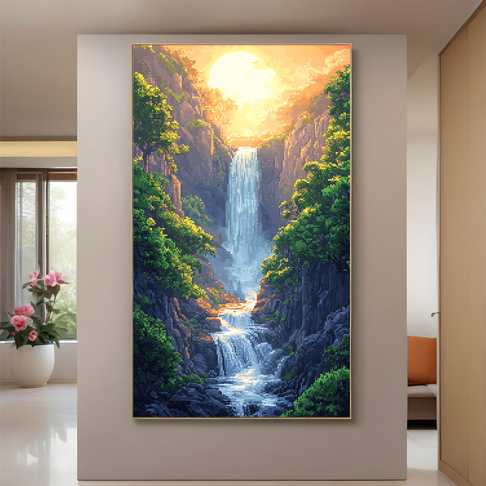 Pixel Art Sunset Waterfall in Rocky Canyon by Krutik –  Wall Art