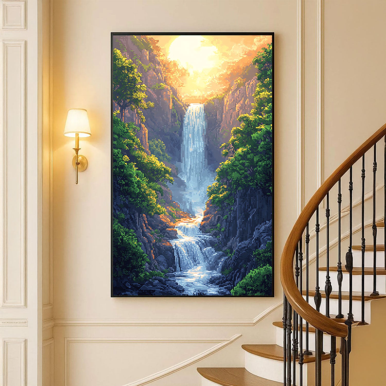 Pixel Art Sunset Waterfall in Rocky Canyon by Krutik –  Wall Art