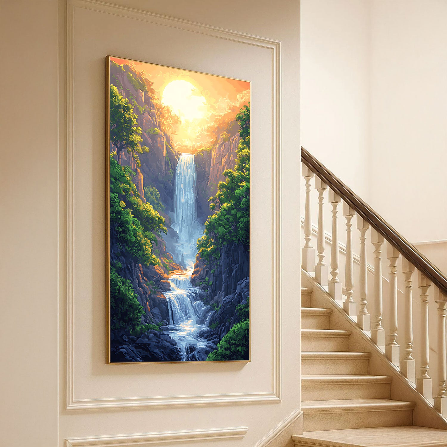 Pixel Art Sunset Waterfall in Rocky Canyon by Krutik –  Wall Art