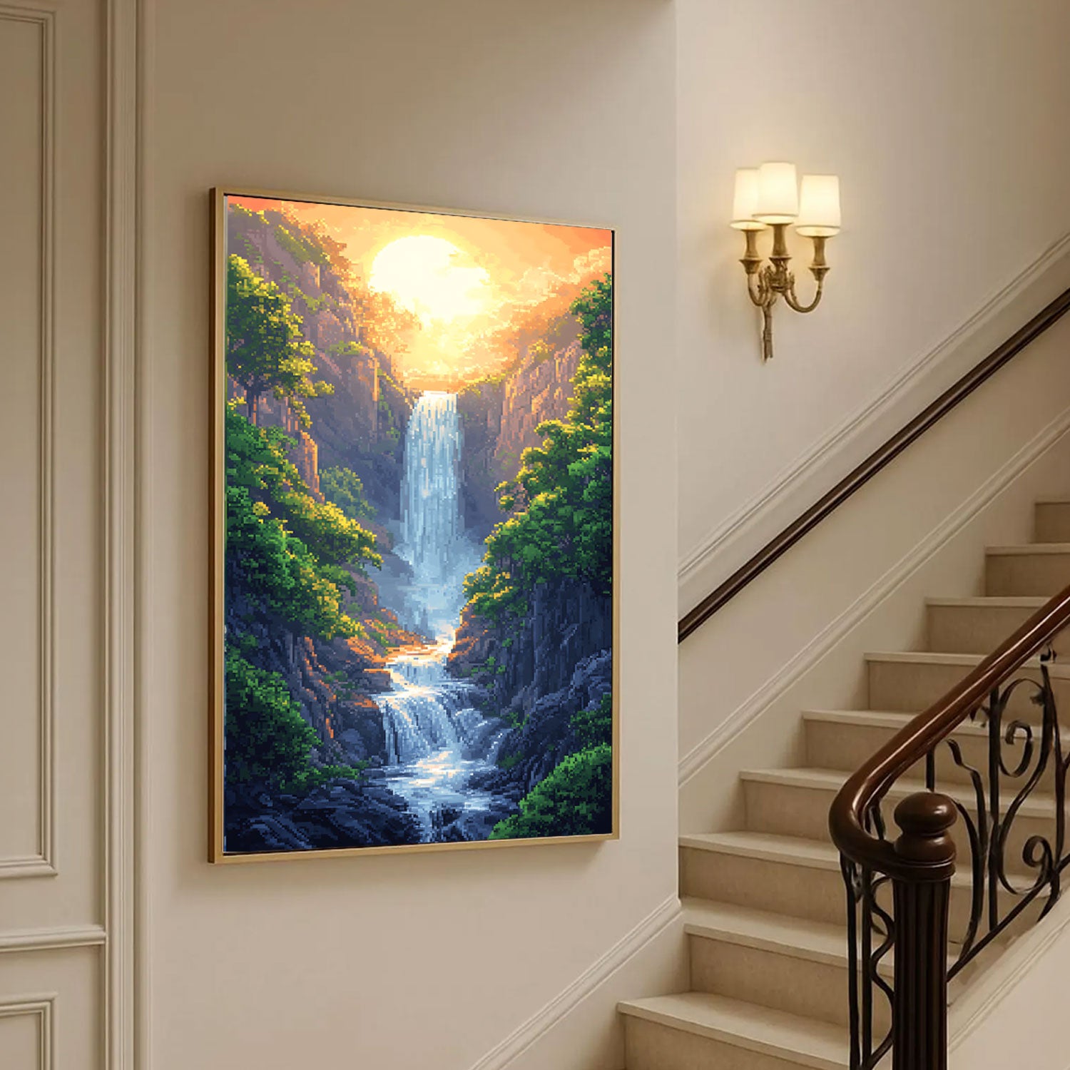 Pixel Art Sunset Waterfall in Rocky Canyon by Krutik –  Wall Art