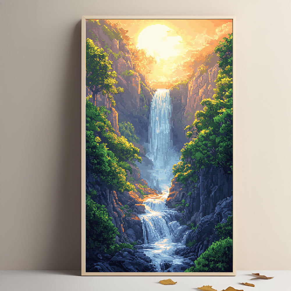 Pixel Art Sunset Waterfall in Rocky Canyon by Krutik –  Wall Art