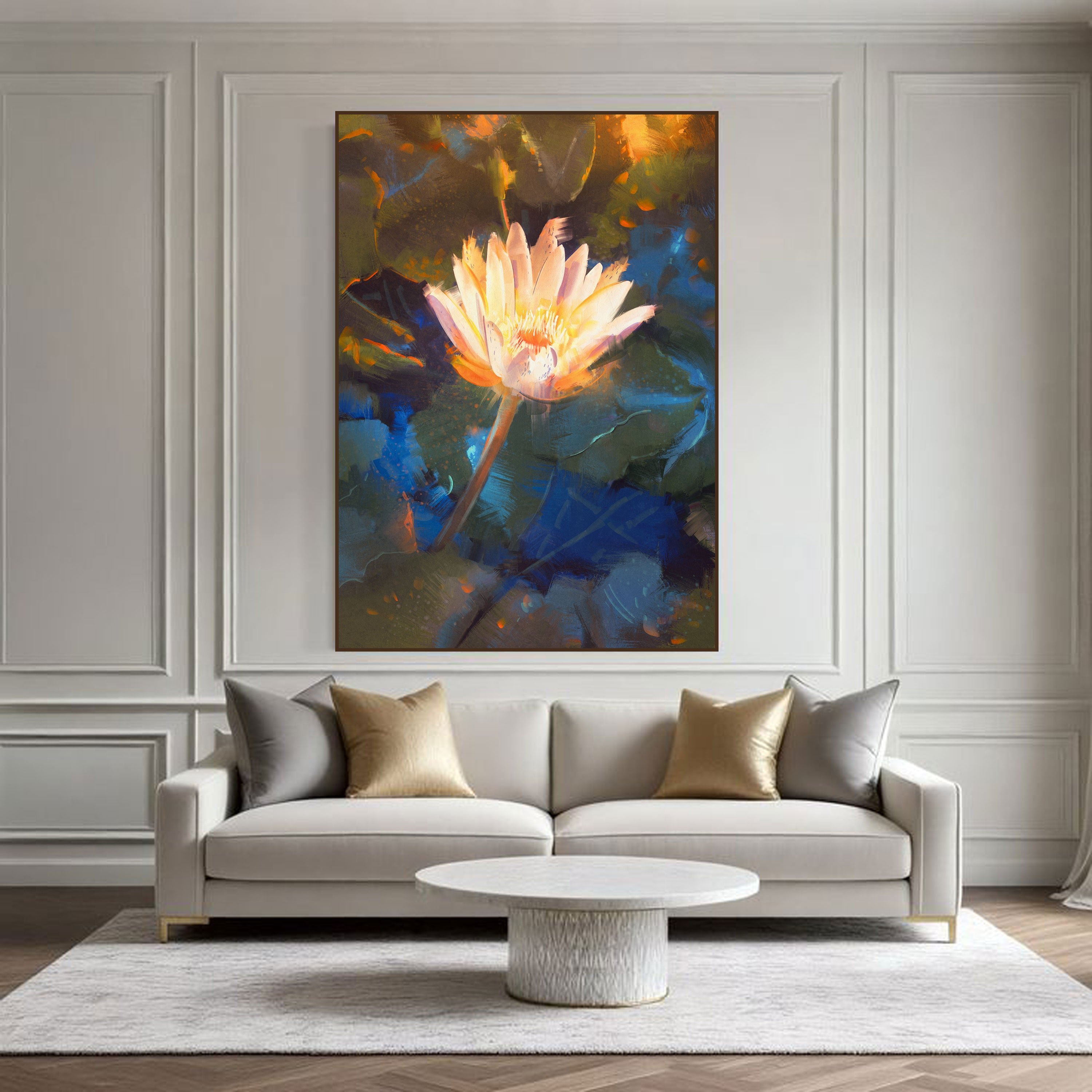 Radiant Lotus Canvas Painting – Spiritual Floral Wall Painting for Home.