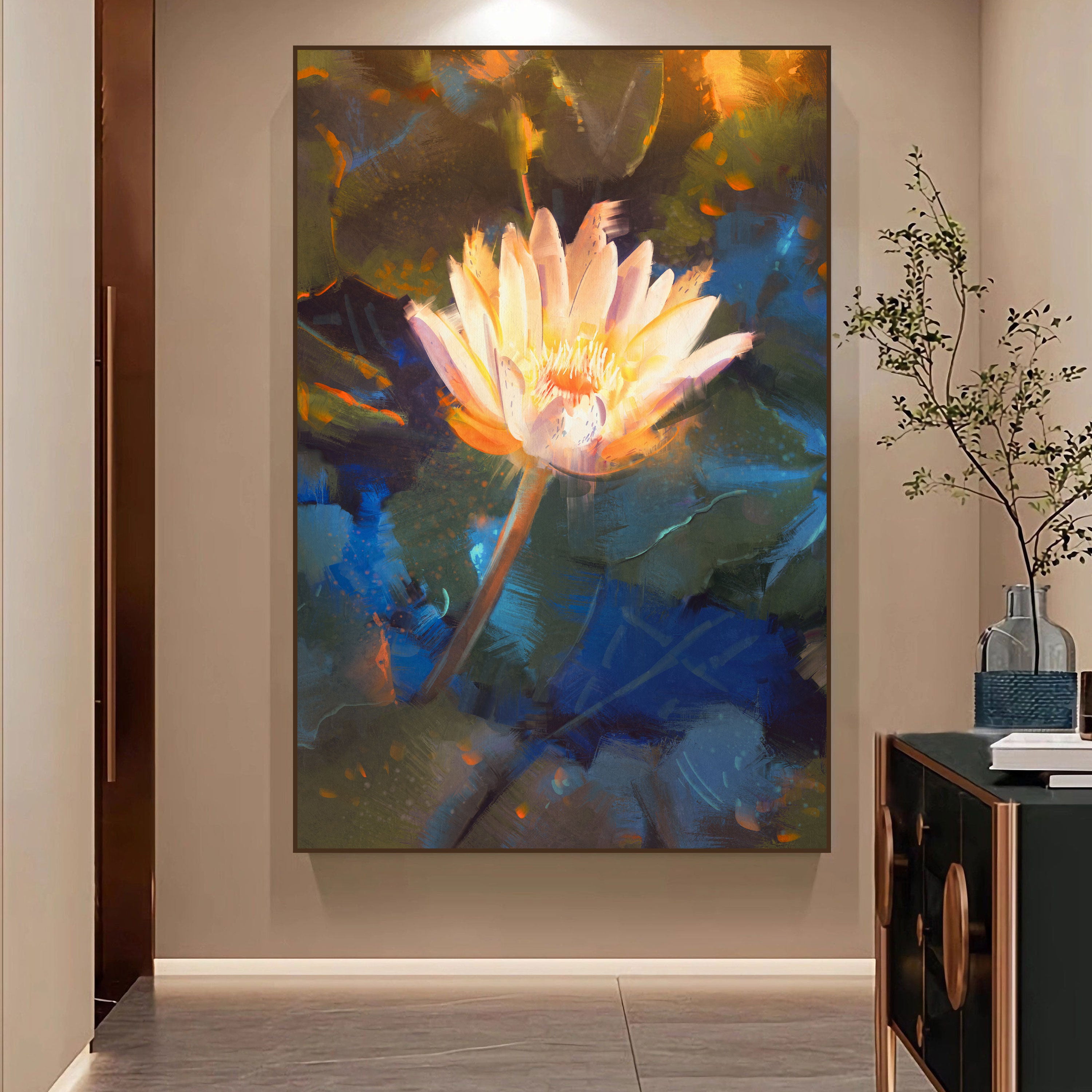 Radiant Lotus Canvas Painting – Spiritual Floral Wall Painting for Home