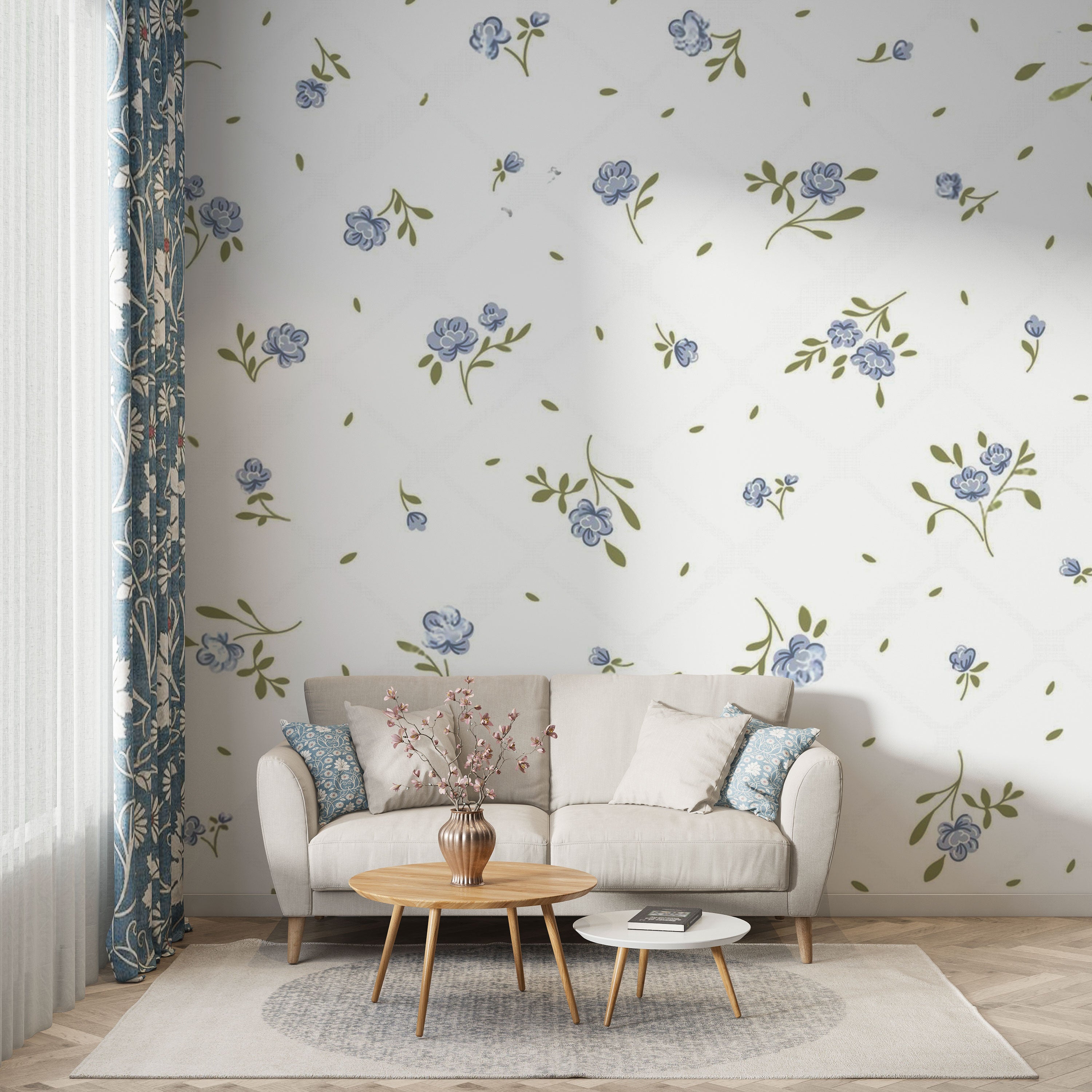 Whispers of Bloom – Minimal Blue Floral Wallpaper