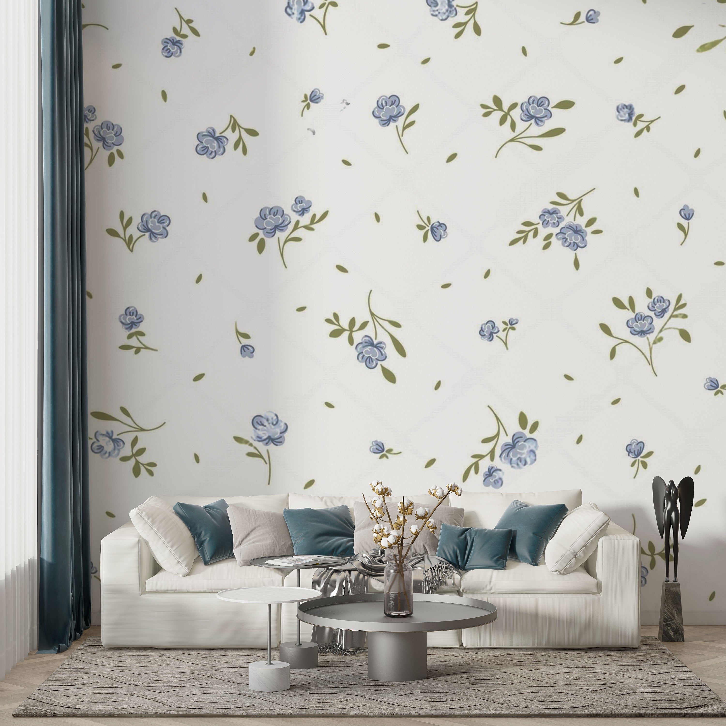 Whispers of Bloom – Minimal Blue Floral Wallpaper.