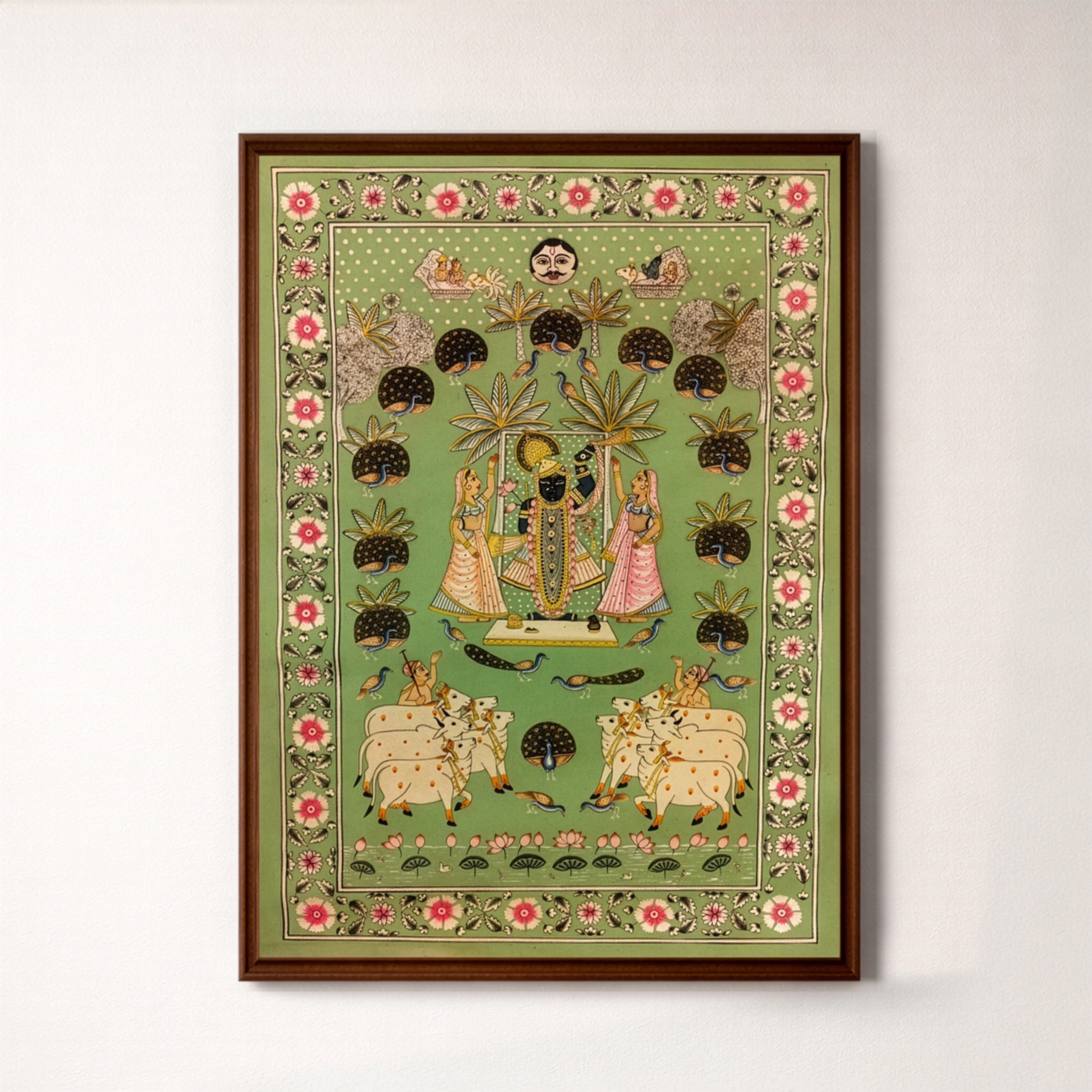 Shrinathji Pichwai Painting – Traditional Nathdwara Krishna Art with Peacocks & Cows