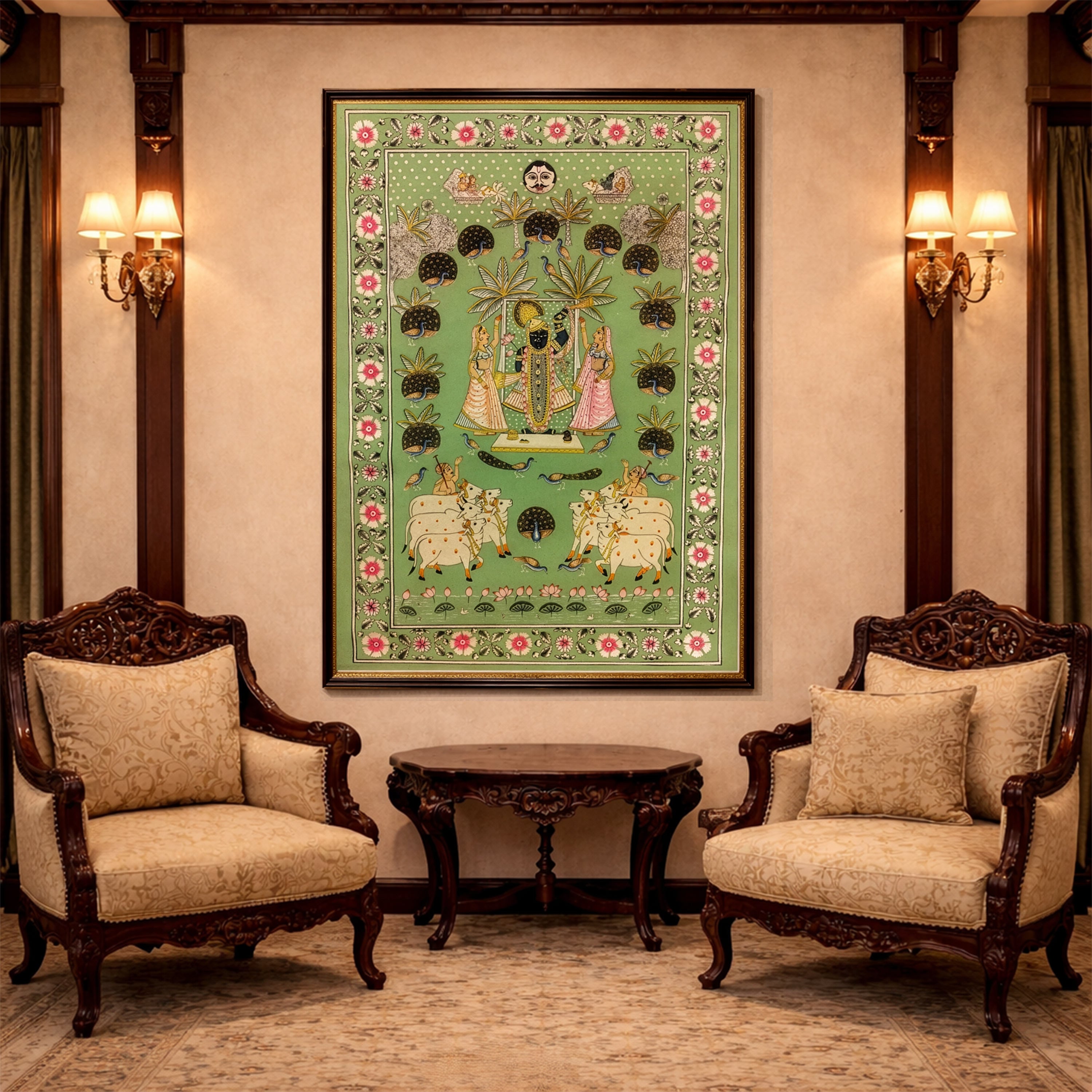 Shrinathji Pichwai Painting – Traditional Nathdwara Krishna Art with Peacocks & Cows