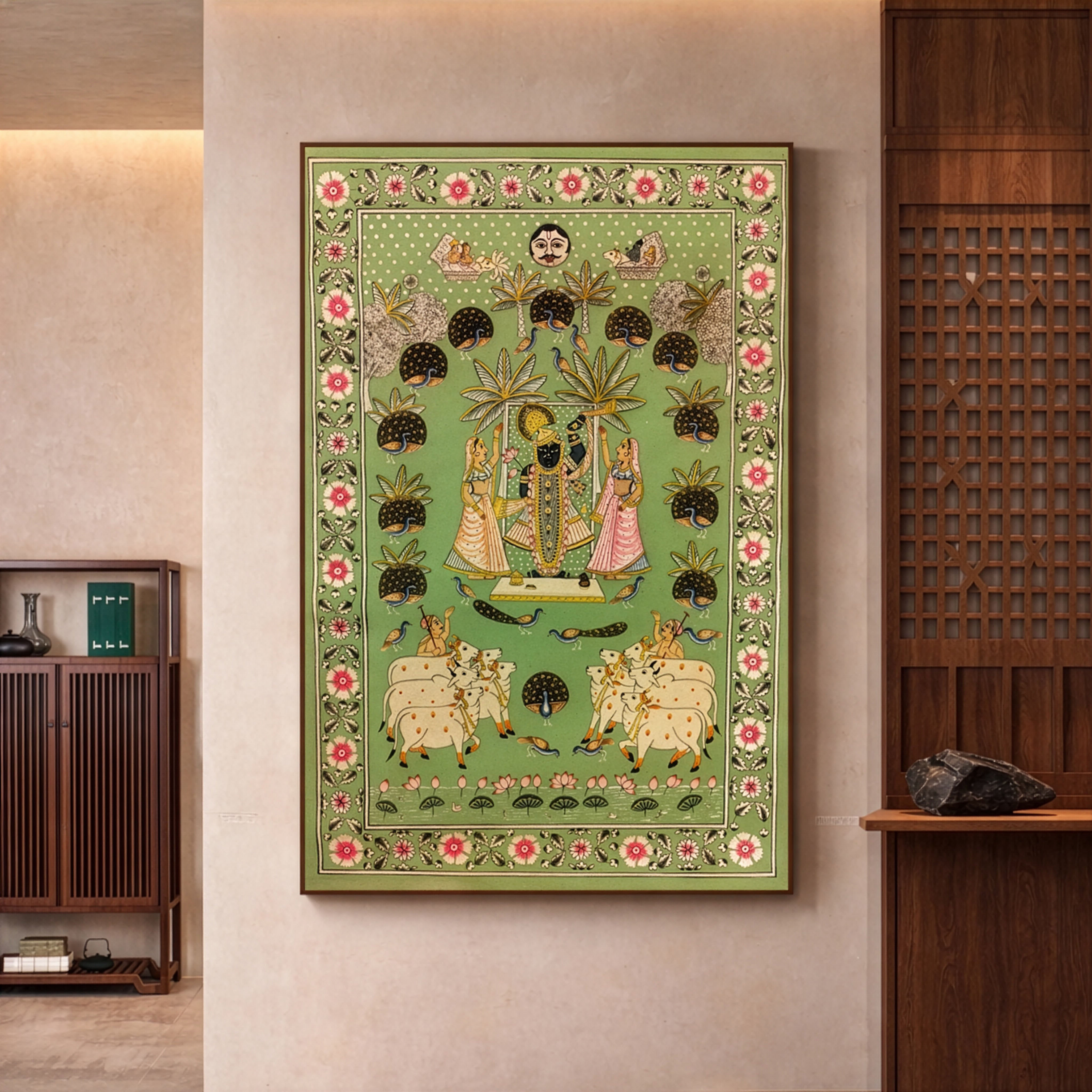 Shrinathji Pichwai Painting – Traditional Nathdwara Krishna Art with Peacocks & Cows