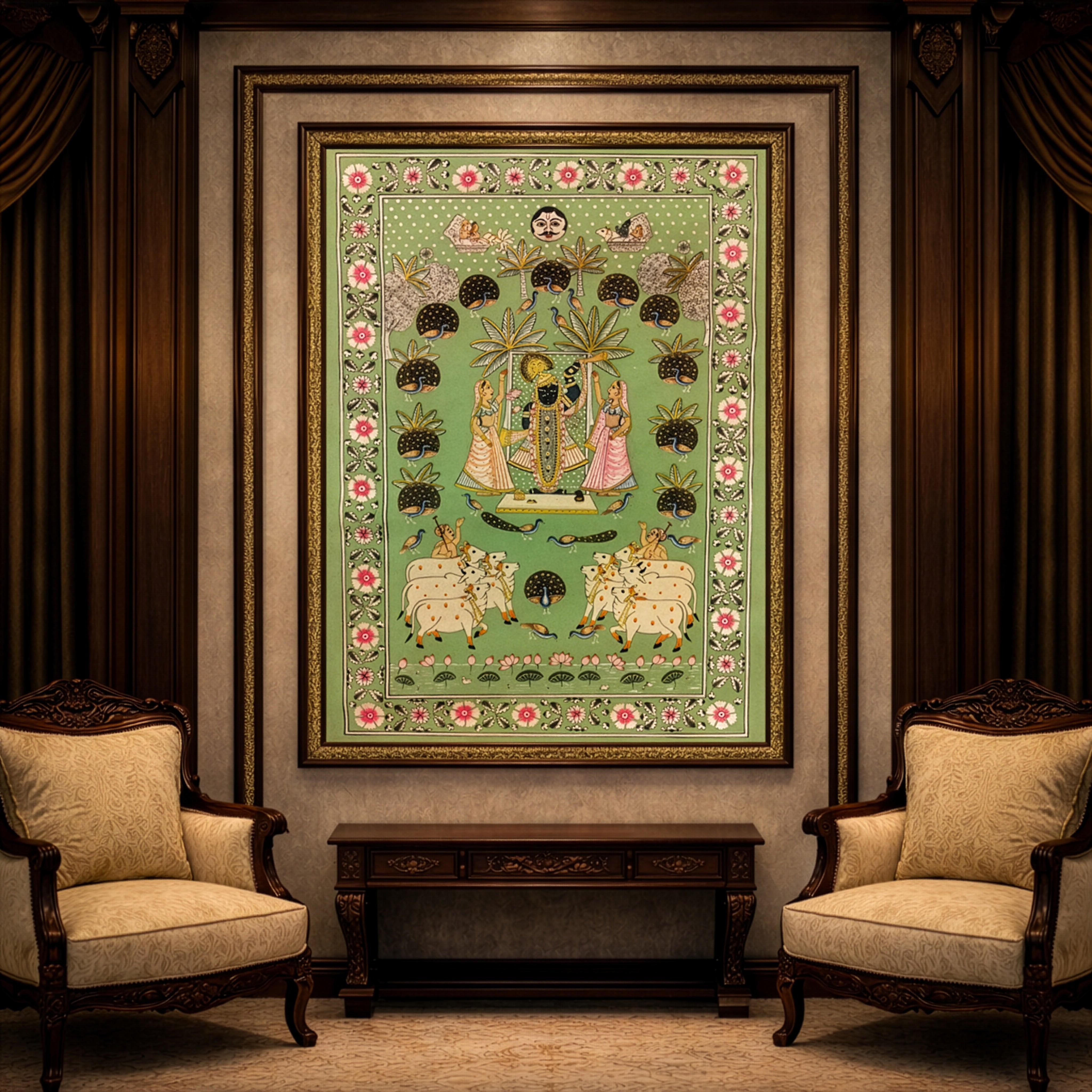 Shrinathji Pichwai Painting – Traditional Nathdwara Krishna Art with Peacocks & Cows